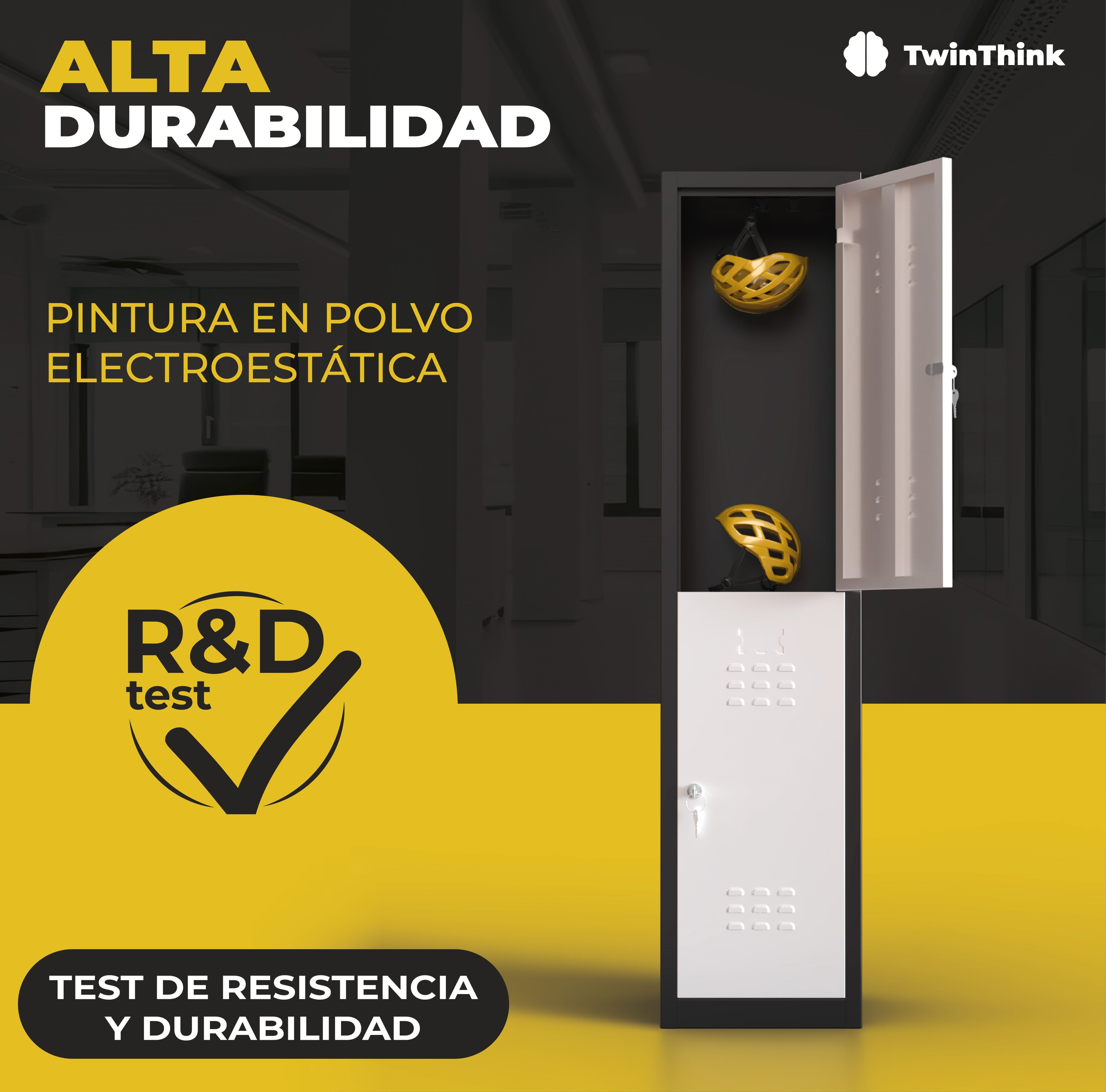 Taquilla metálica negra de 1 puerta TwinThink con pintura en polvo electrostática y test de resistencia y durabilidad.