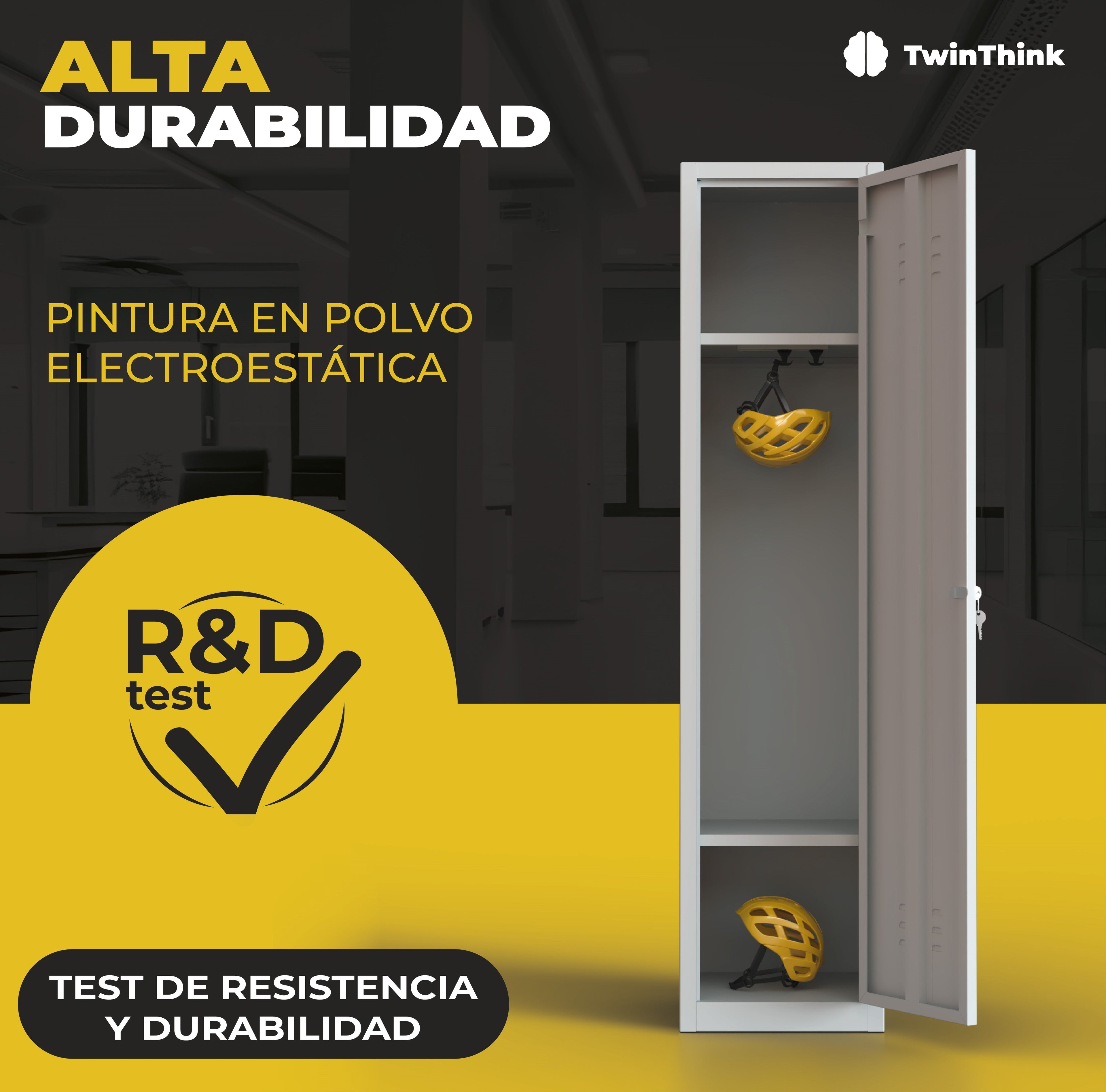 Taquilla metálica gris TwinThink de 2 puertas con pintura electrostática en polvo, resistente a uso intensivo y testada en laboratorio.