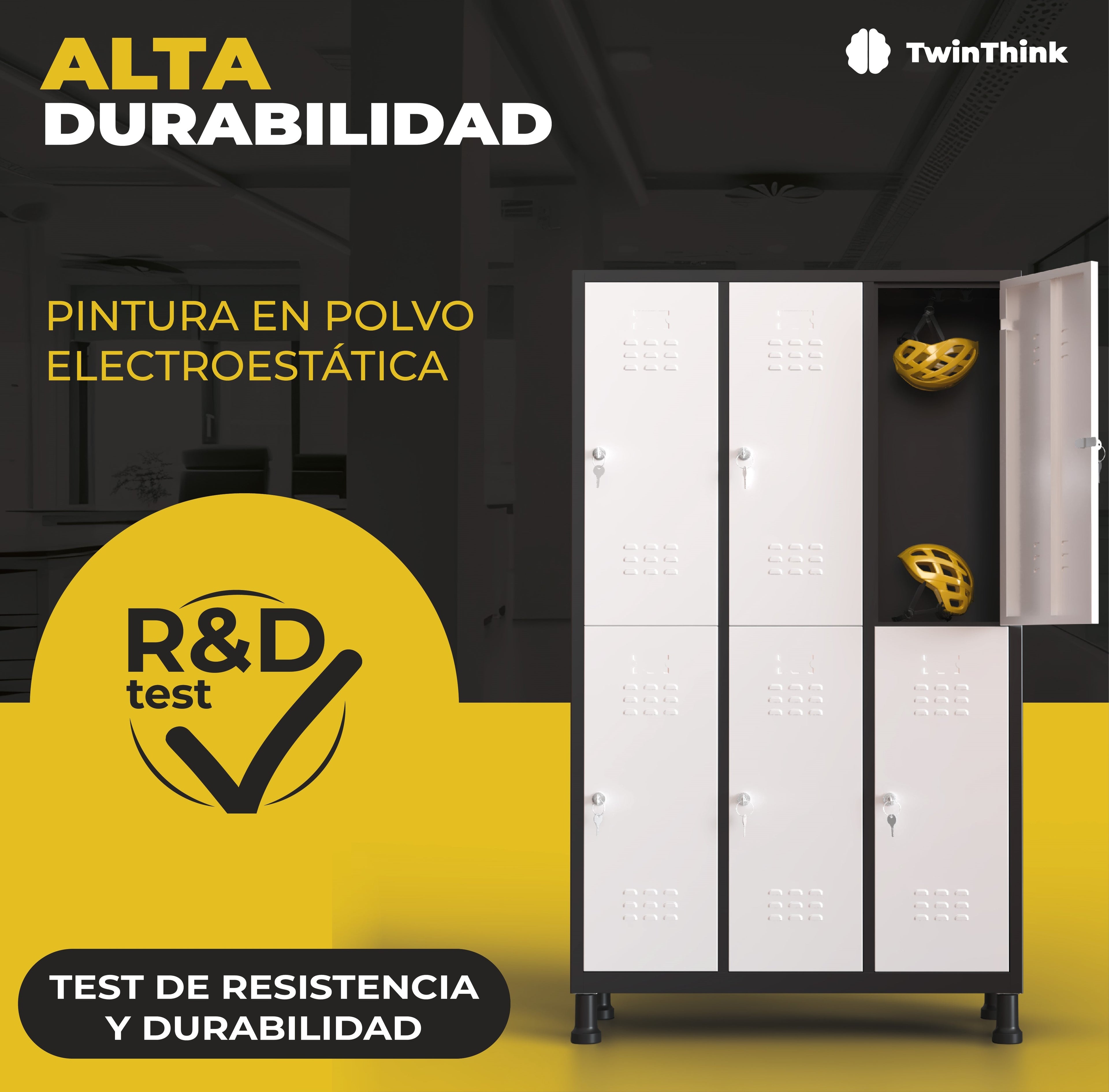 Alta durabilidad de taquilla metálica TwinThink con pintura en polvo electrostática y test de resistencia.