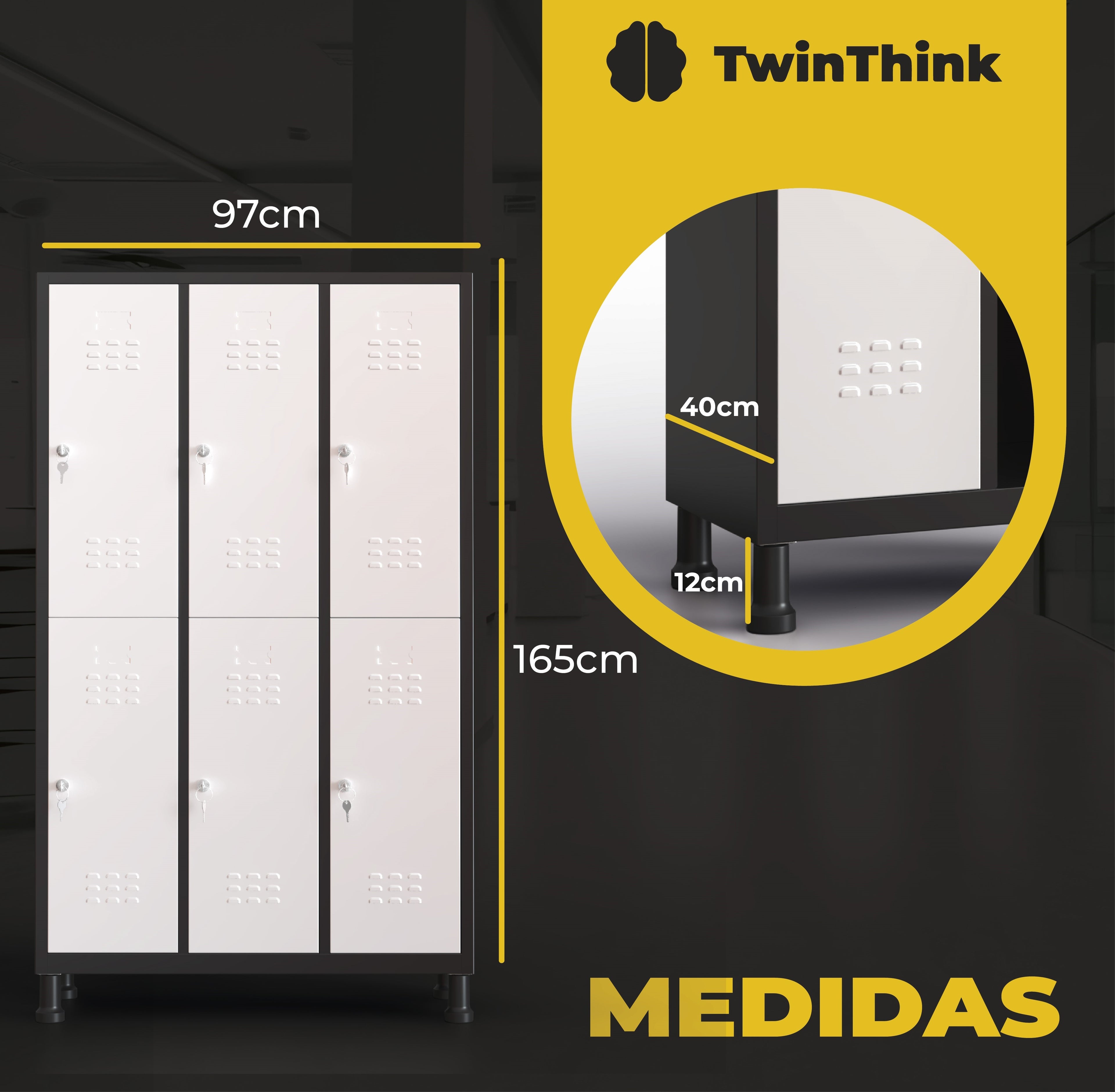 Medidas detalladas de taquilla metálica TwinThink: 97 cm ancho, 40 cm fondo, 165 cm alto y patas de 12 cm.