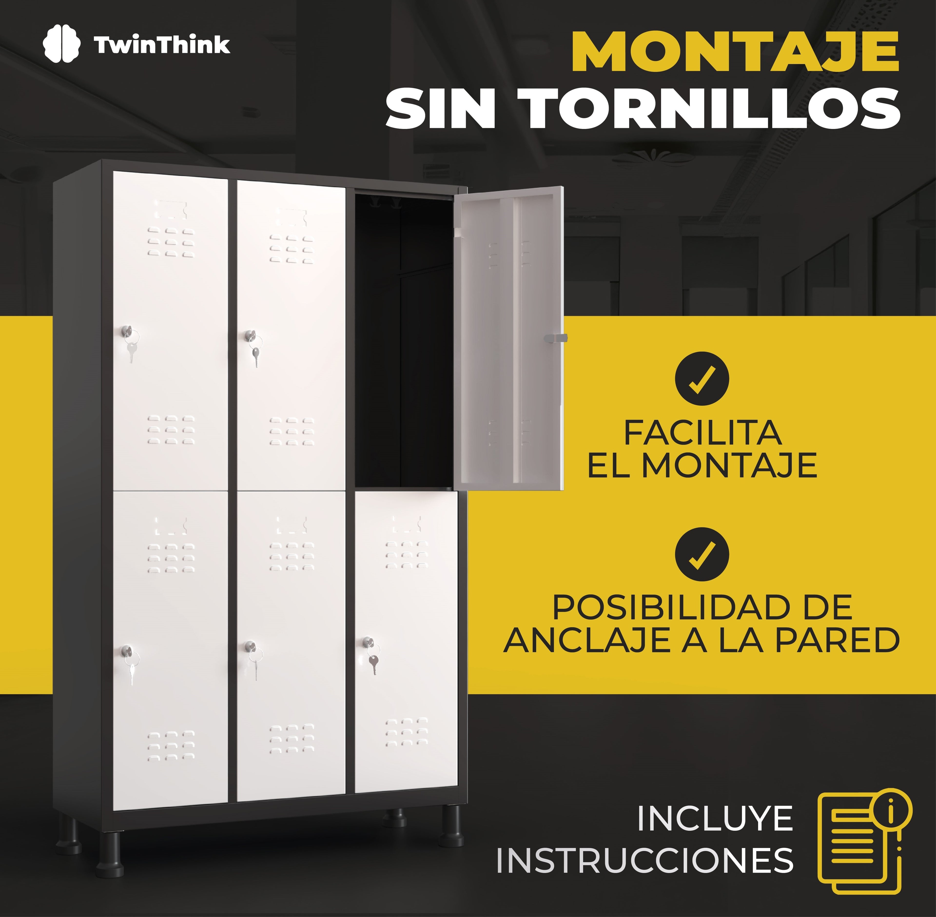 Montaje sin tornillos de taquilla metálica TwinThink, incluye instrucciones y posibilidad de anclaje a la pared.