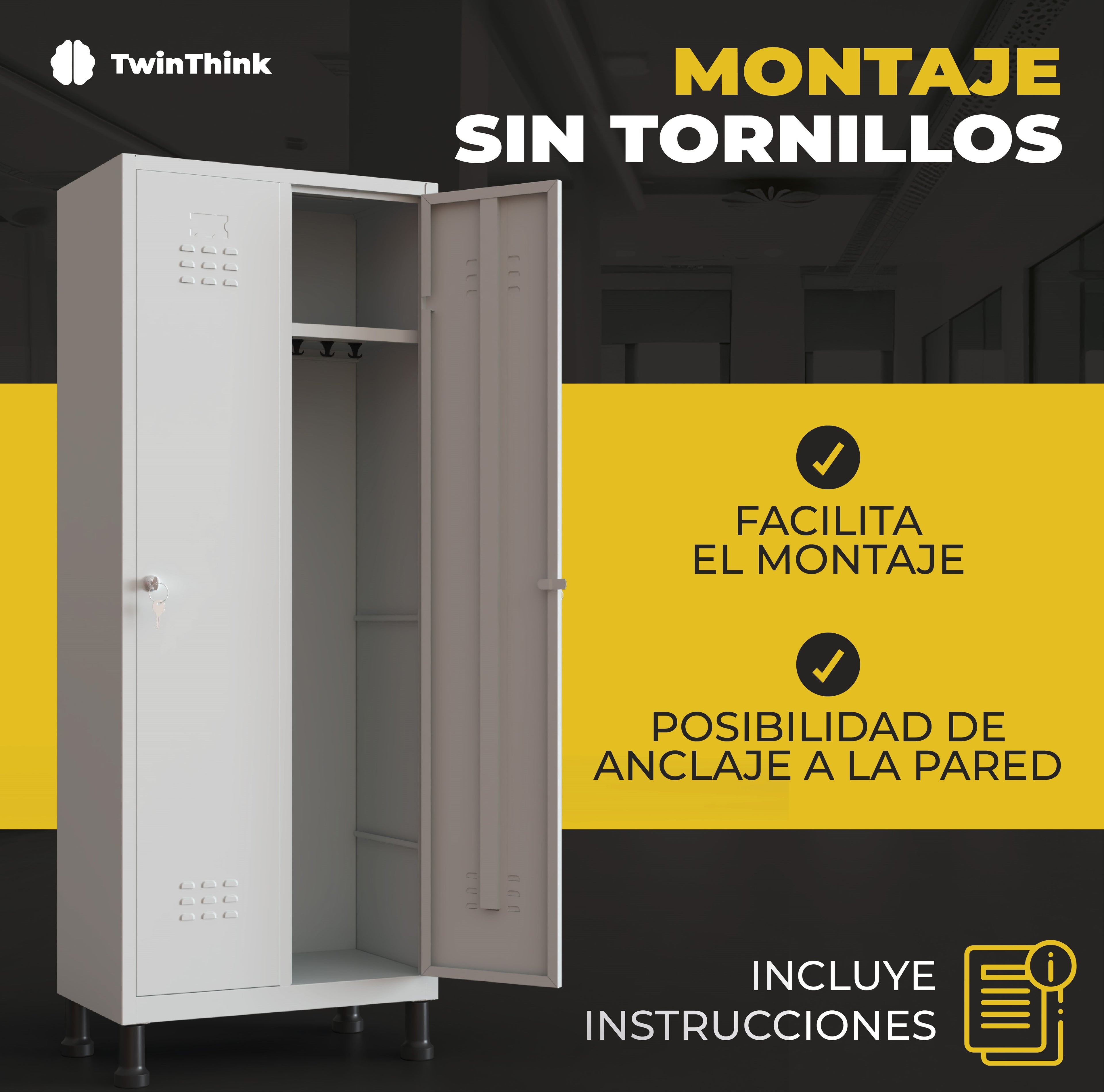 Taquilla metálica de 1 puerta TwinThink con sistema de montaje sin tornillos, fácil de instalar, opción de anclaje a la pared e incluye instrucciones.