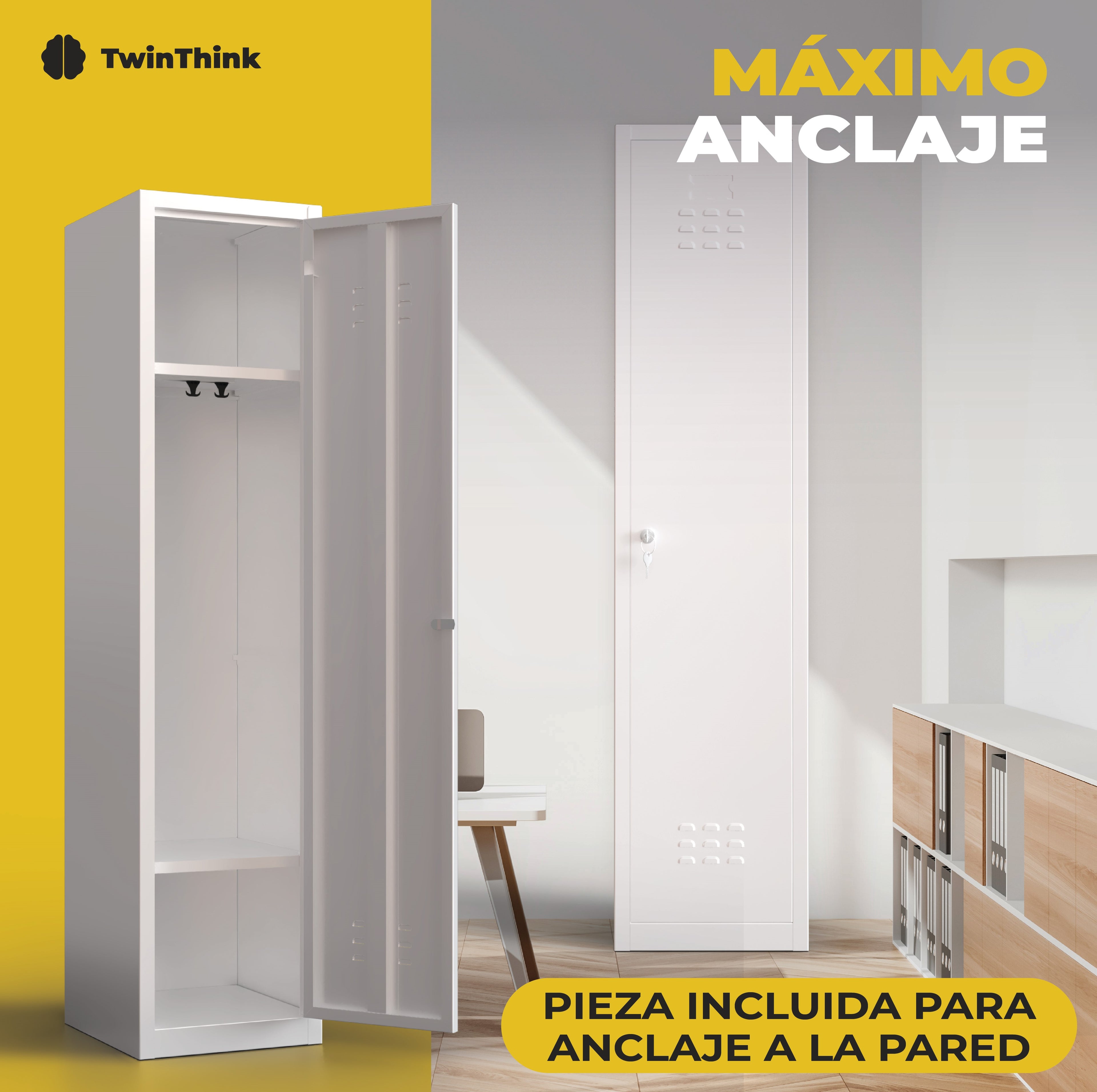 Taquilla metálica blanca TwinThink con pieza incluida para anclaje a la pared y montaje sin tornillos.