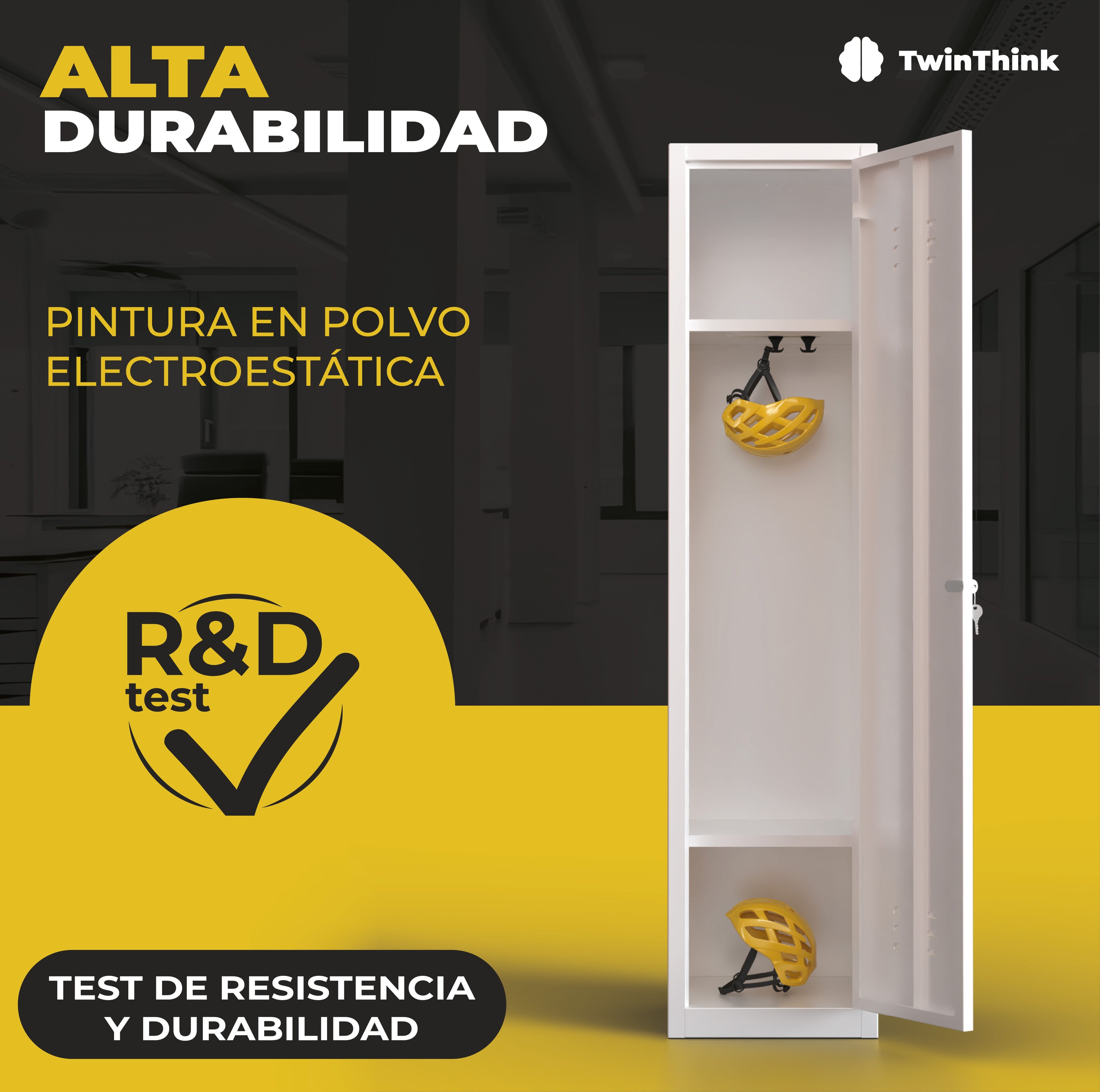 Taquilla metálica blanca TwinThink pintada con pintura en polvo electrostática, test de resistencia y durabilidad.