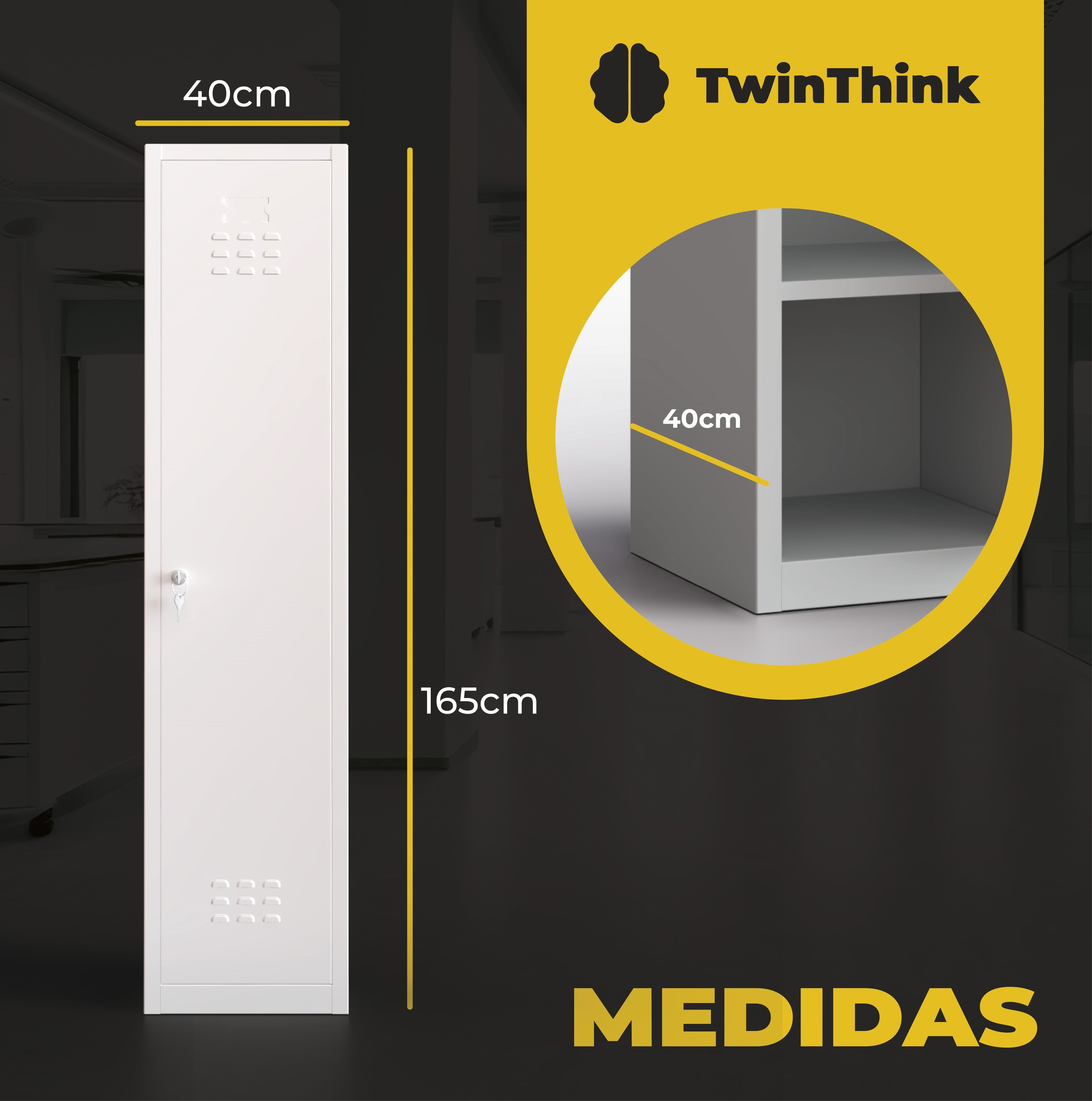 Medidas taquilla metálica blanca TwinThink de 1 puerta: 165 cm alto × 40 cm ancho × 40 cm fondo.