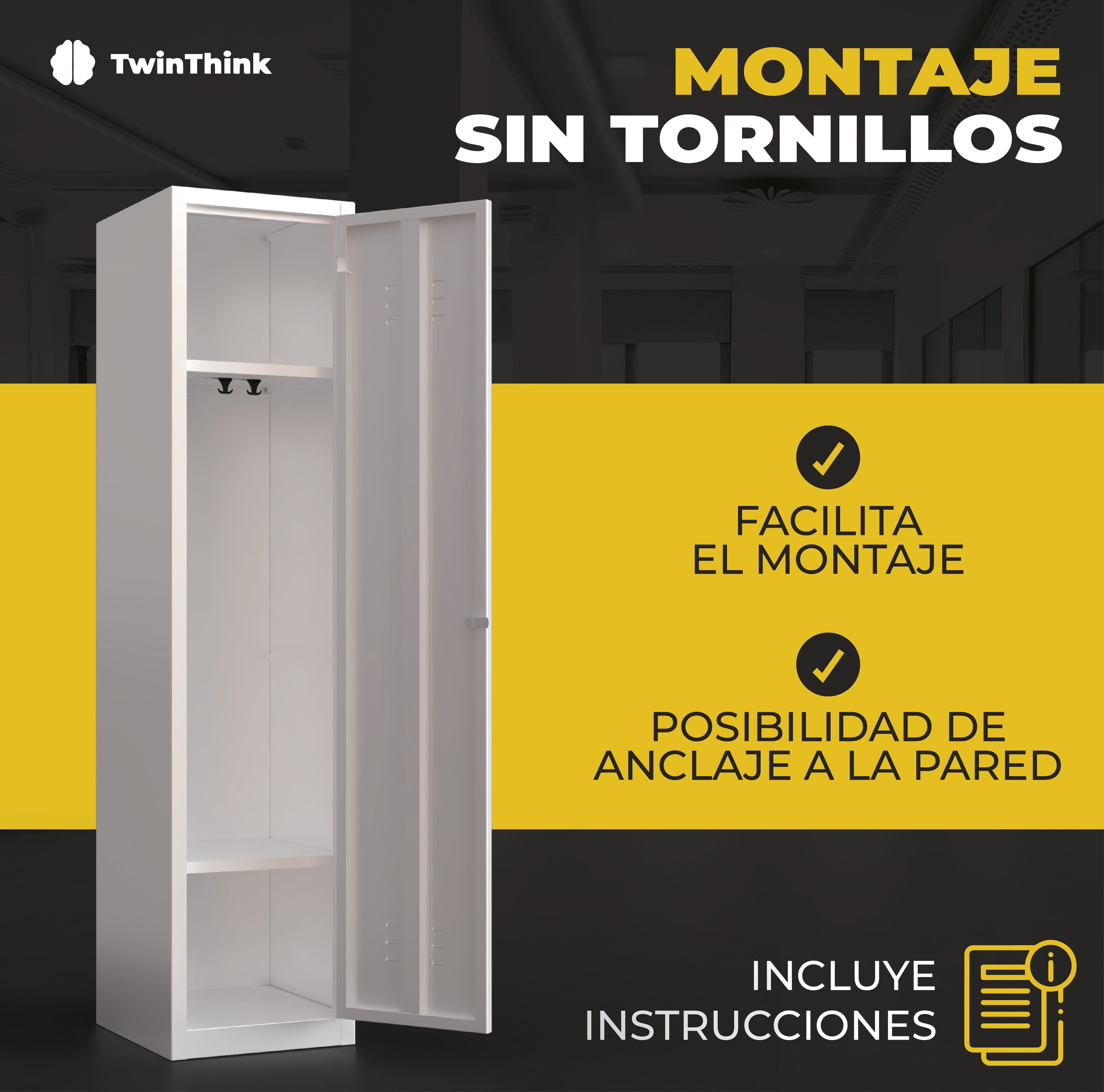 Taquilla metálica blanca TwinThink de 1 puerta, montaje sin tornillos con posibilidad de anclaje a la pared e instrucciones incluidas.