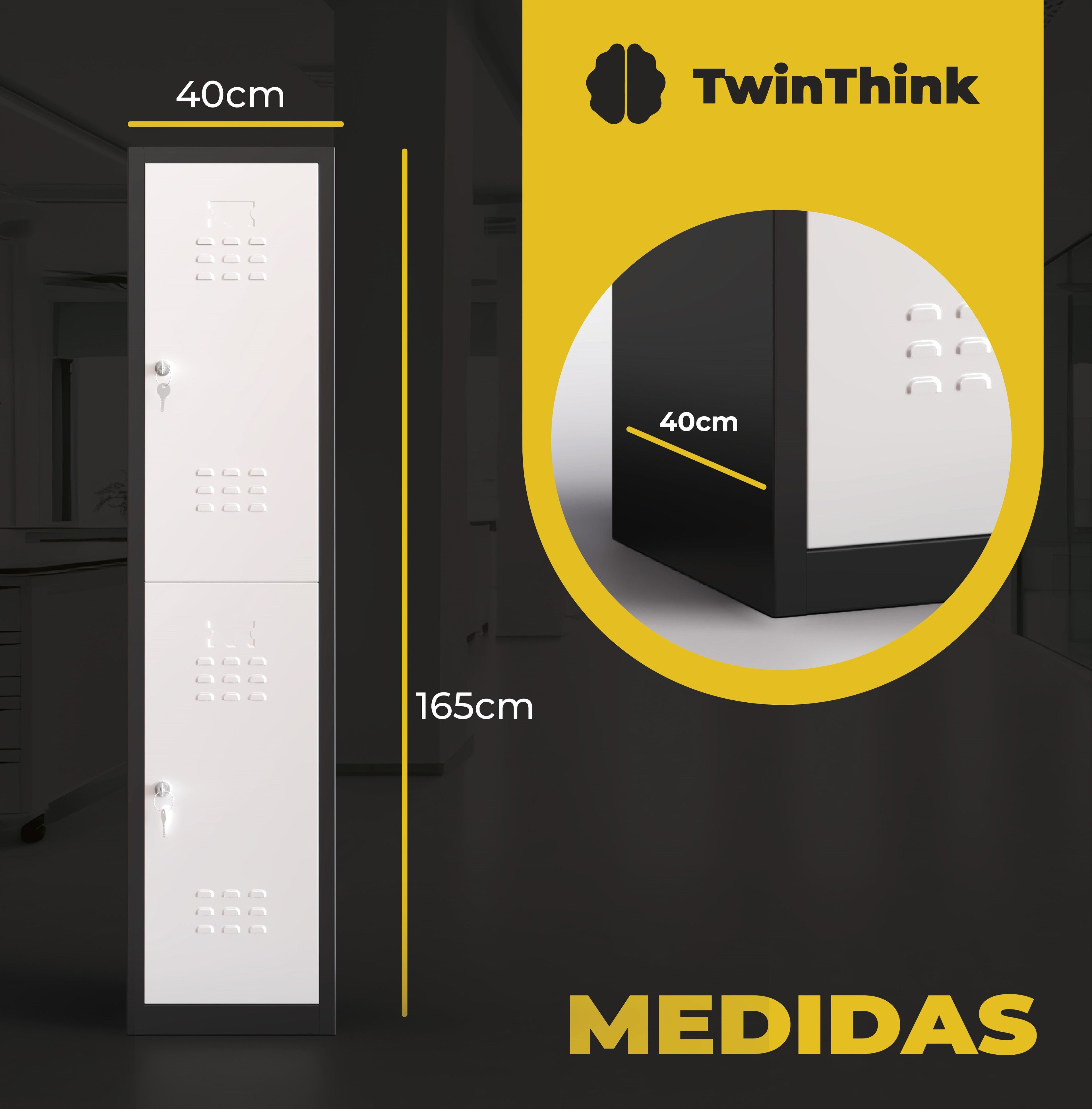 Medidas taquilla metálica blanca TwinThink de 1 puerta, altura 165 cm y ancho 40 cm.