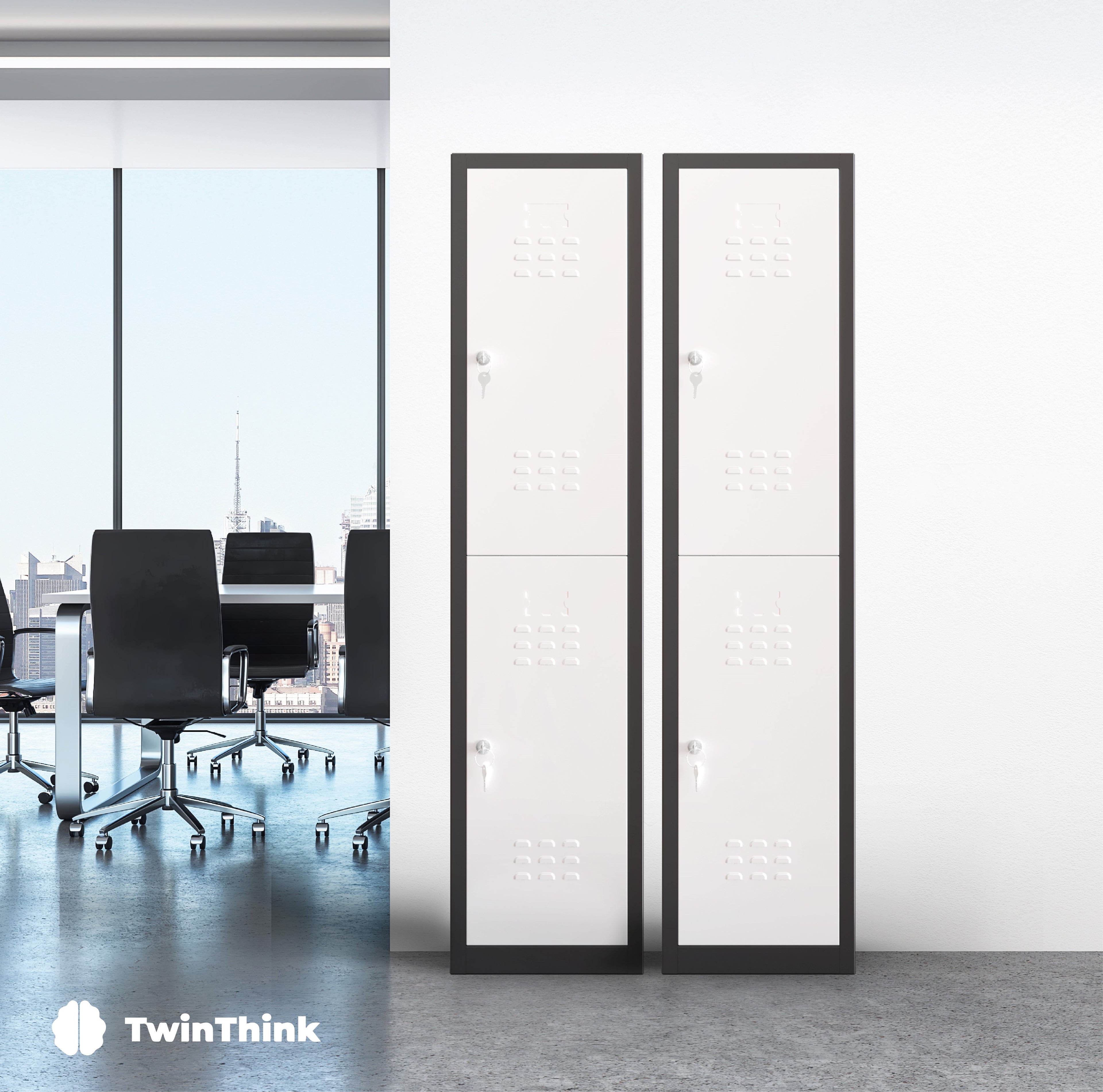 Taquillas metálicas blancas TwinThink de 1 puerta en oficina moderna, solución práctica para almacenamiento seguro.