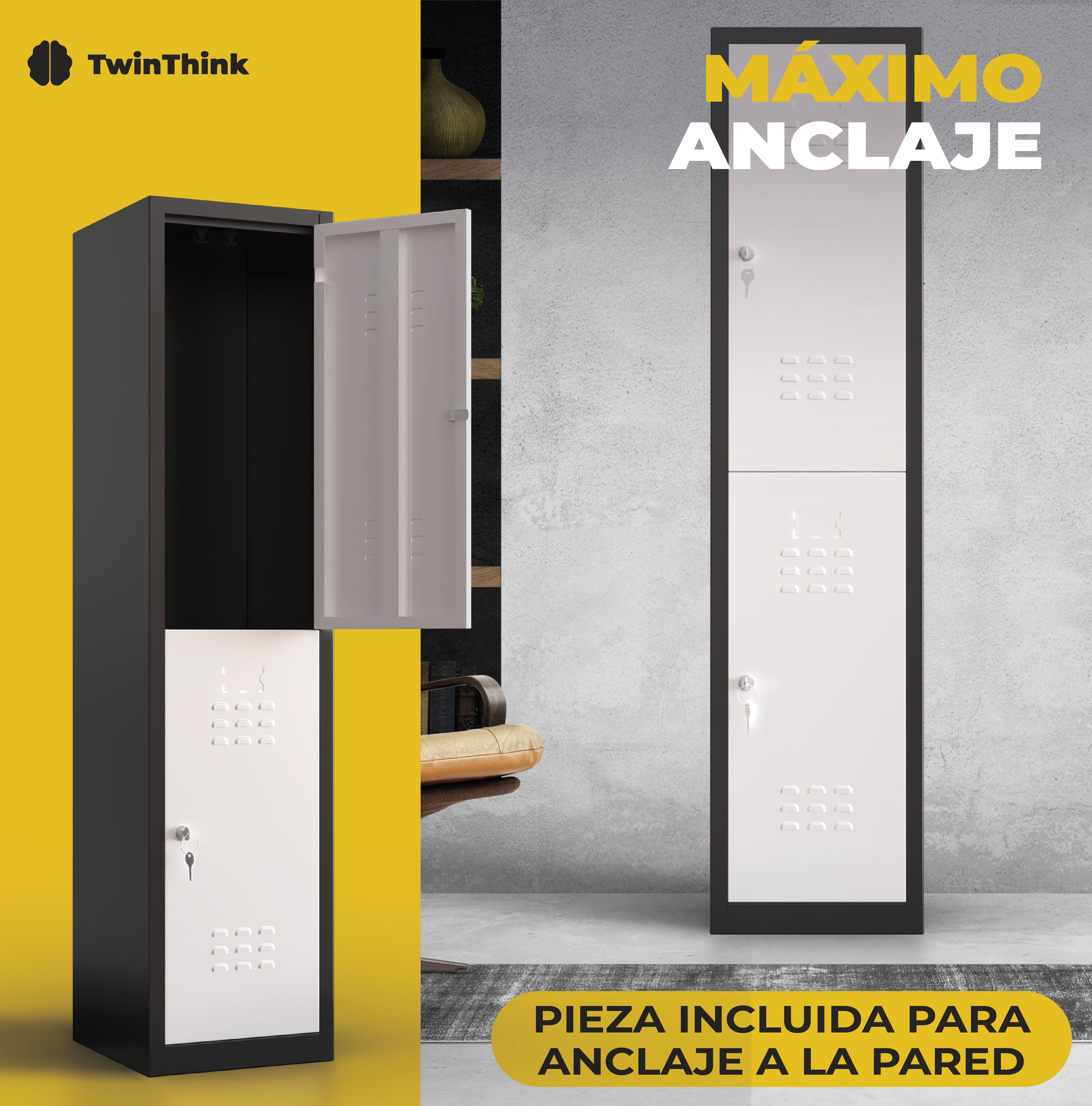 Taquilla metálica negra de 1 puerta TwinThink con pieza incluida para anclaje seguro a la pared.