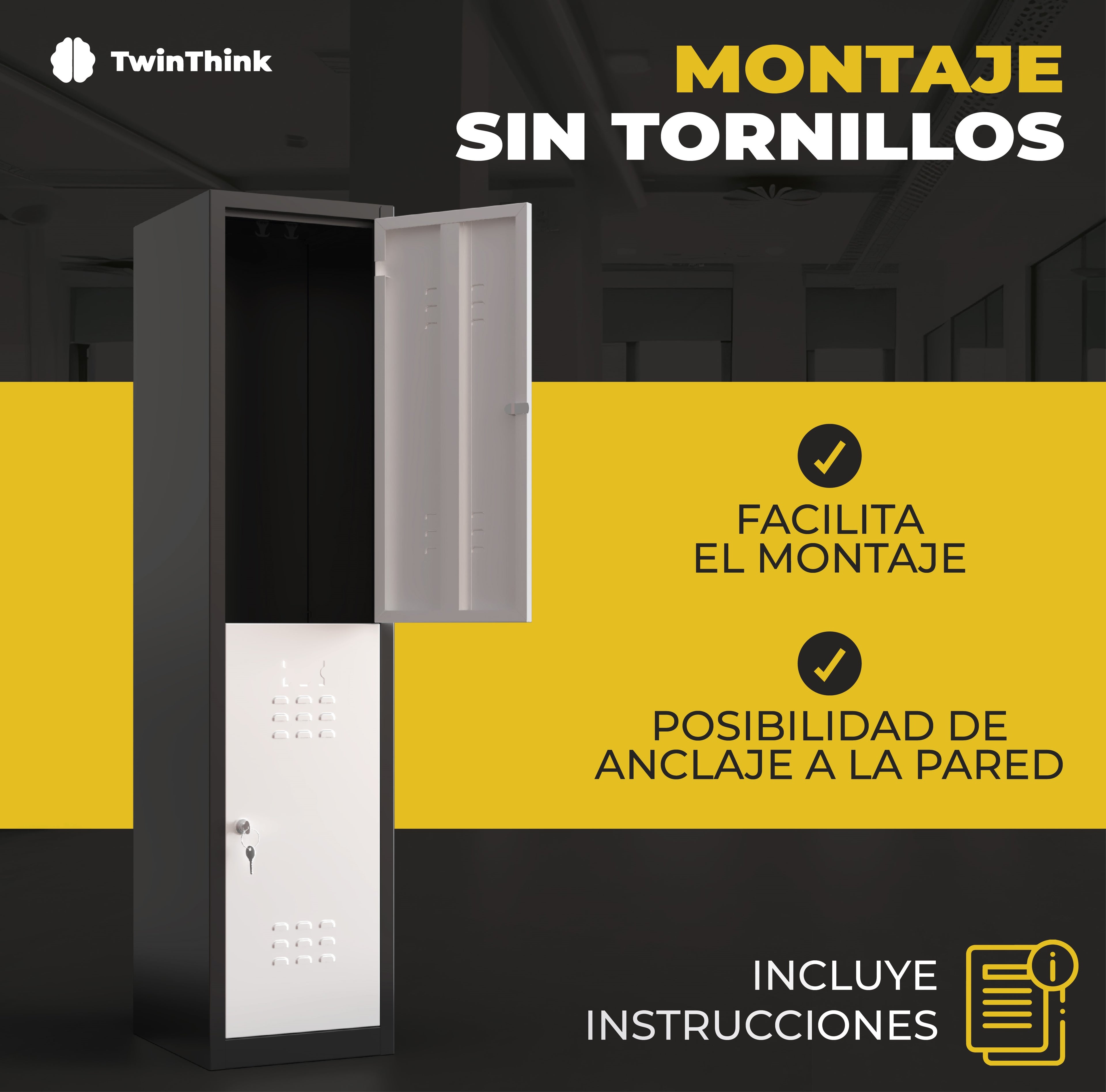 Taquilla metálica negra de 1 puerta TwinThink con montaje sin tornillos y posibilidad de anclaje a la pared.
