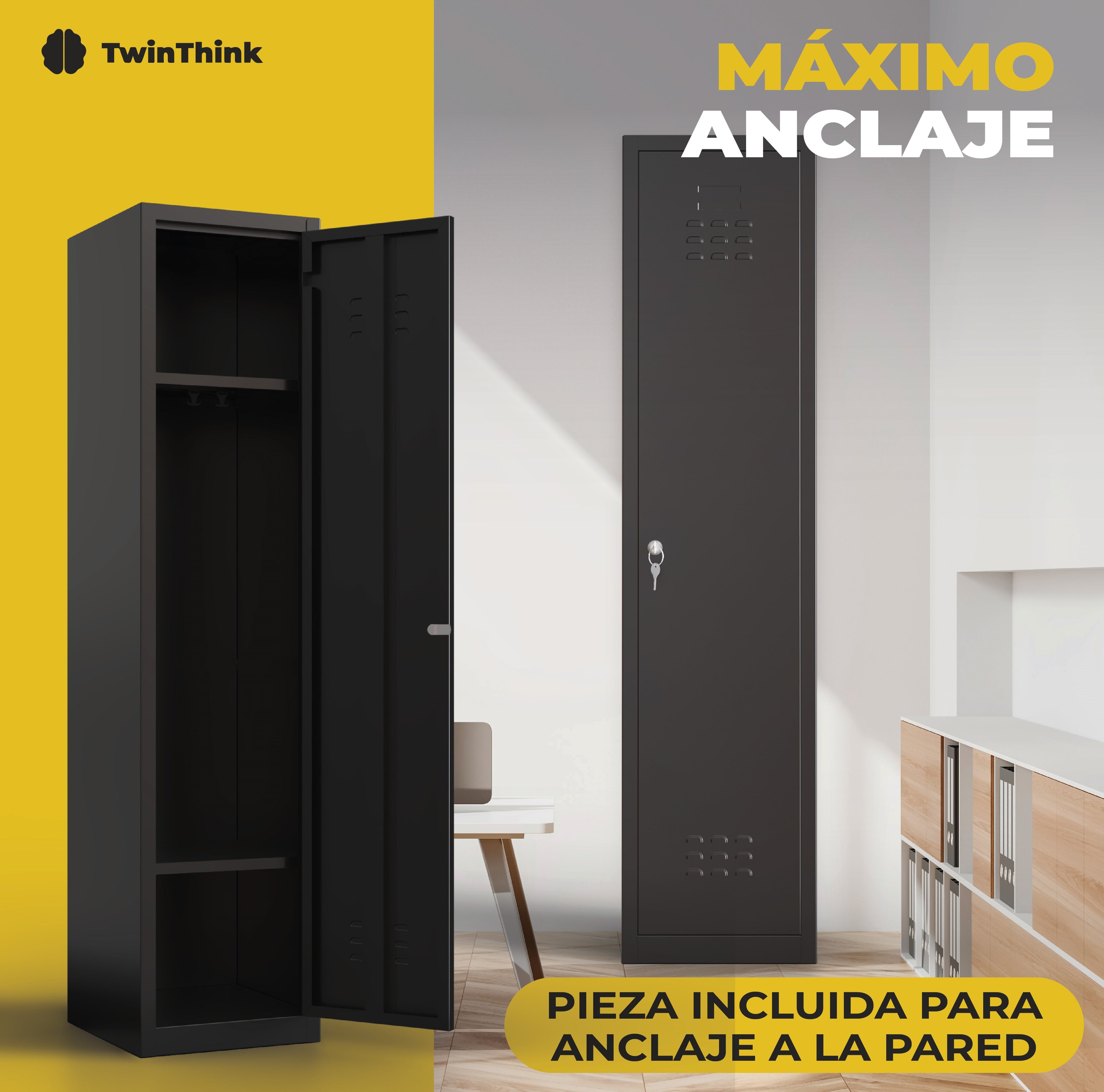 Taquilla metálica negra TwinThink de 1 puerta con pieza incluida para anclaje seguro a la pared.