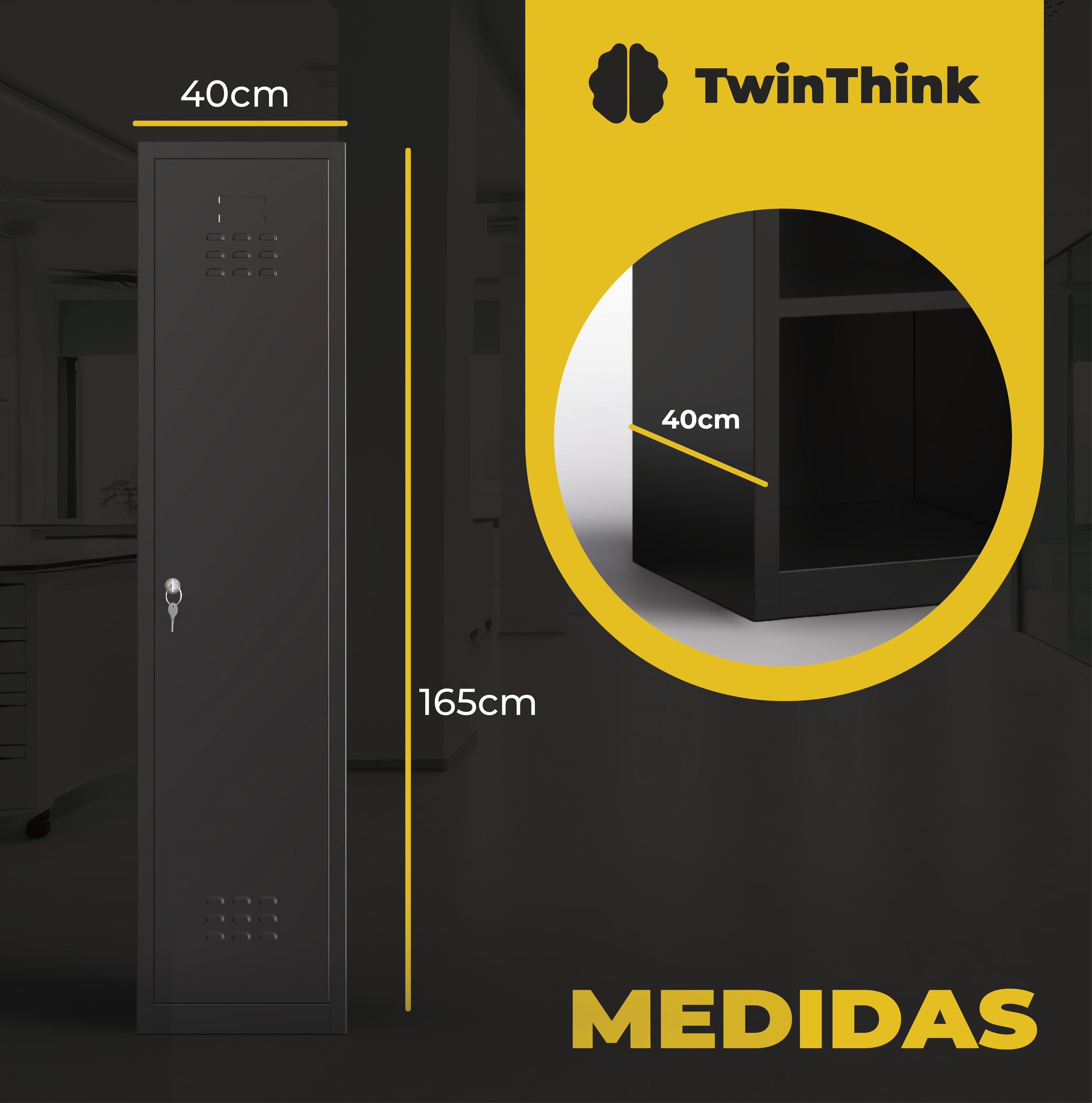 Medidas taquilla metálica negra TwinThink de 1 puerta, 165 cm de alto y 40 cm de ancho.