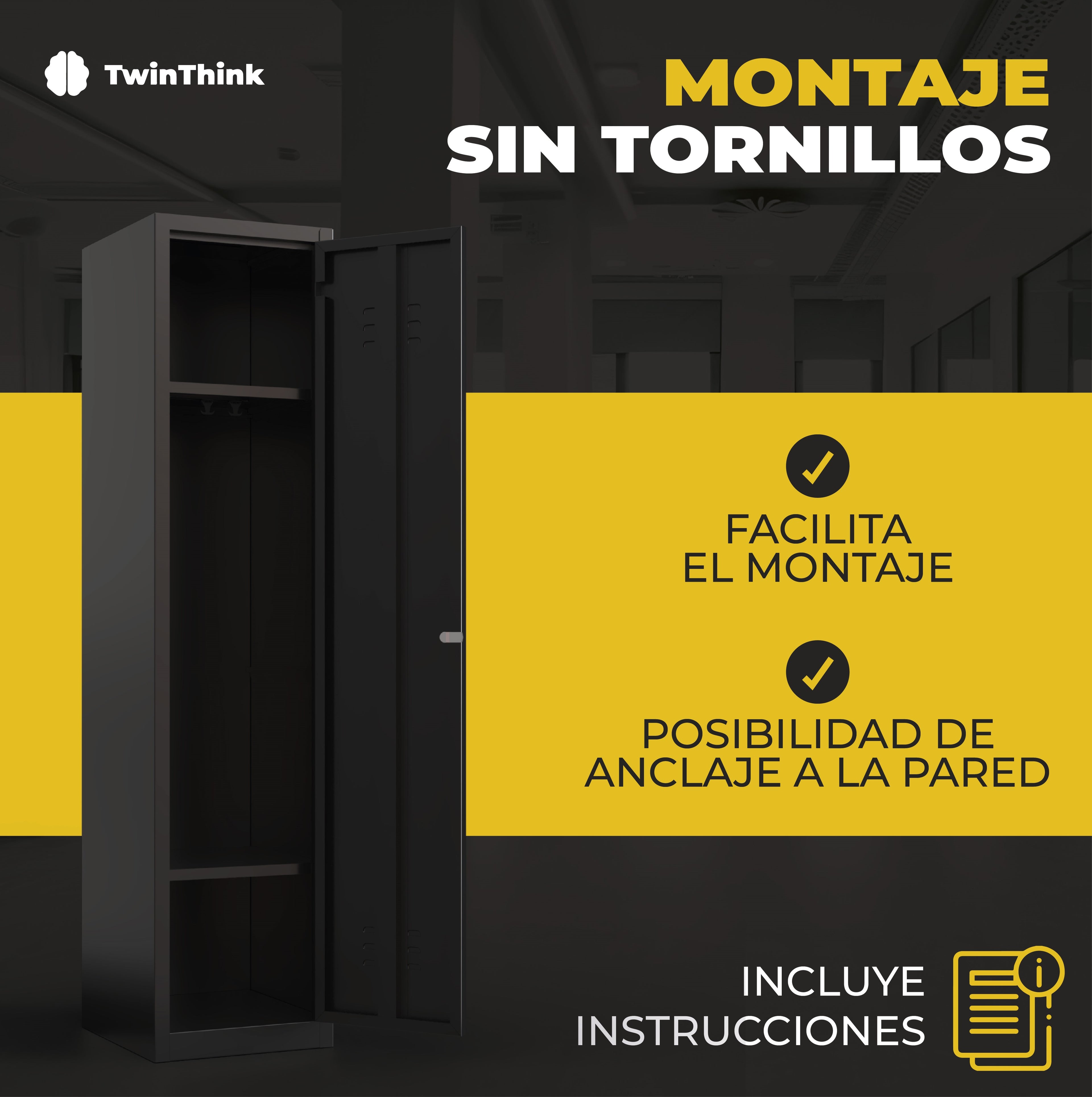 Montaje sin tornillos de taquilla metálica negra TwinThink de 1 puerta, fácil instalación e incluye instrucciones.