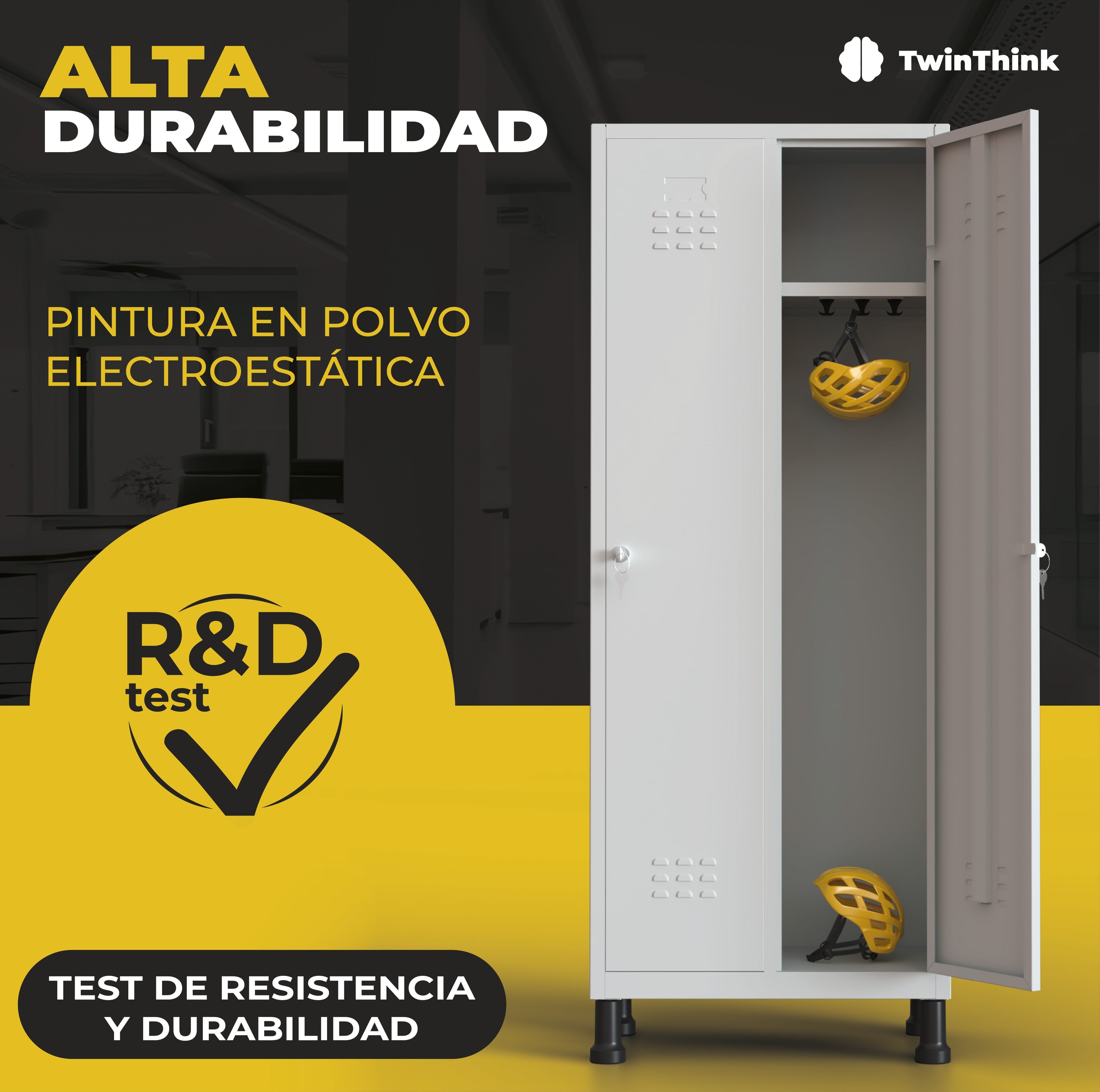 Taquilla metálica 2 puertas TwinThink con pintura en polvo electrostática, test de resistencia y durabilidad para mayor protección.