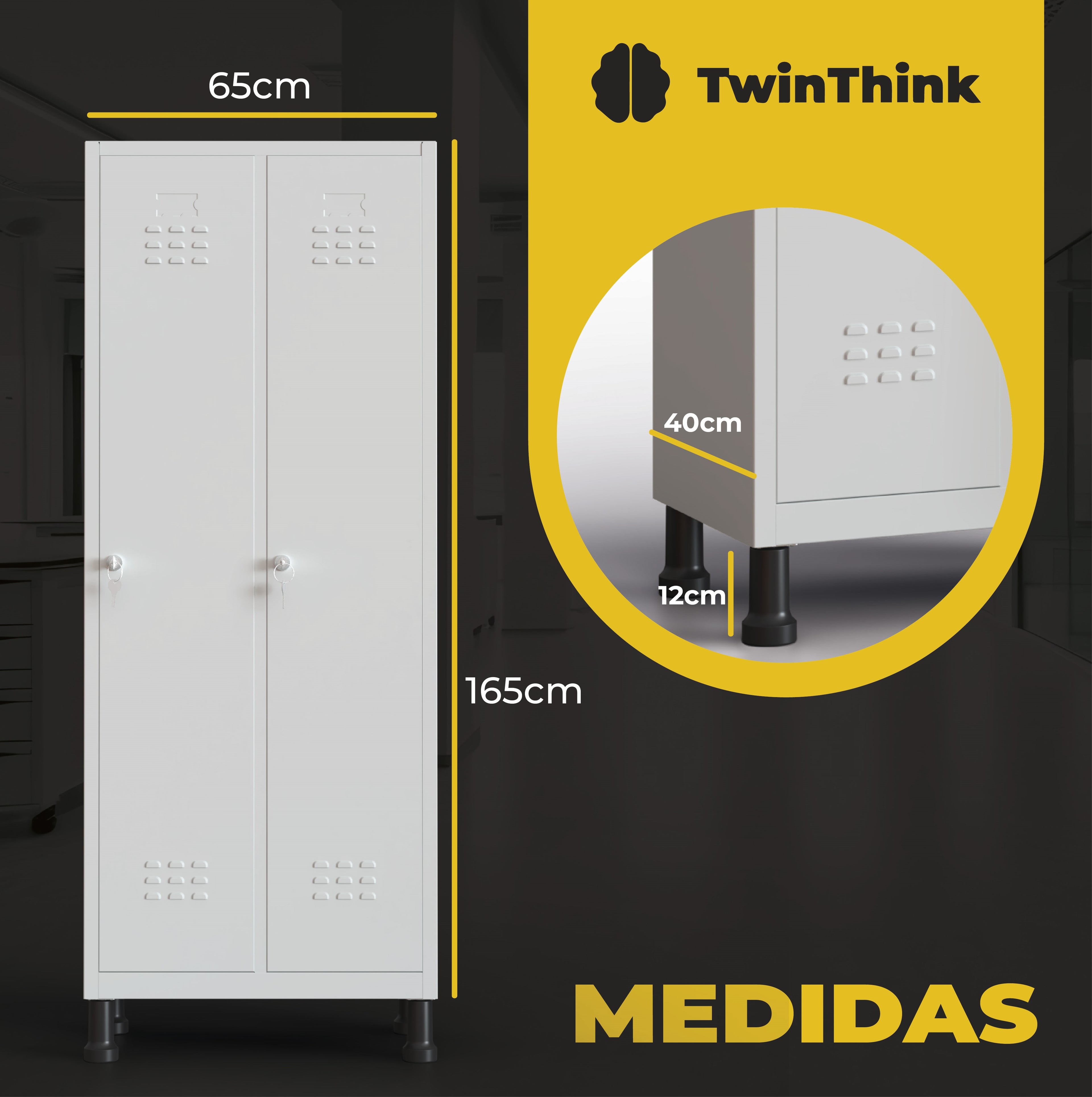 Taquilla metálica TwinThink de 2 puertas con medidas de 165 cm de alto, 65 cm de ancho y 40 cm de fondo, patas de 12 cm para mayor estabilidad.