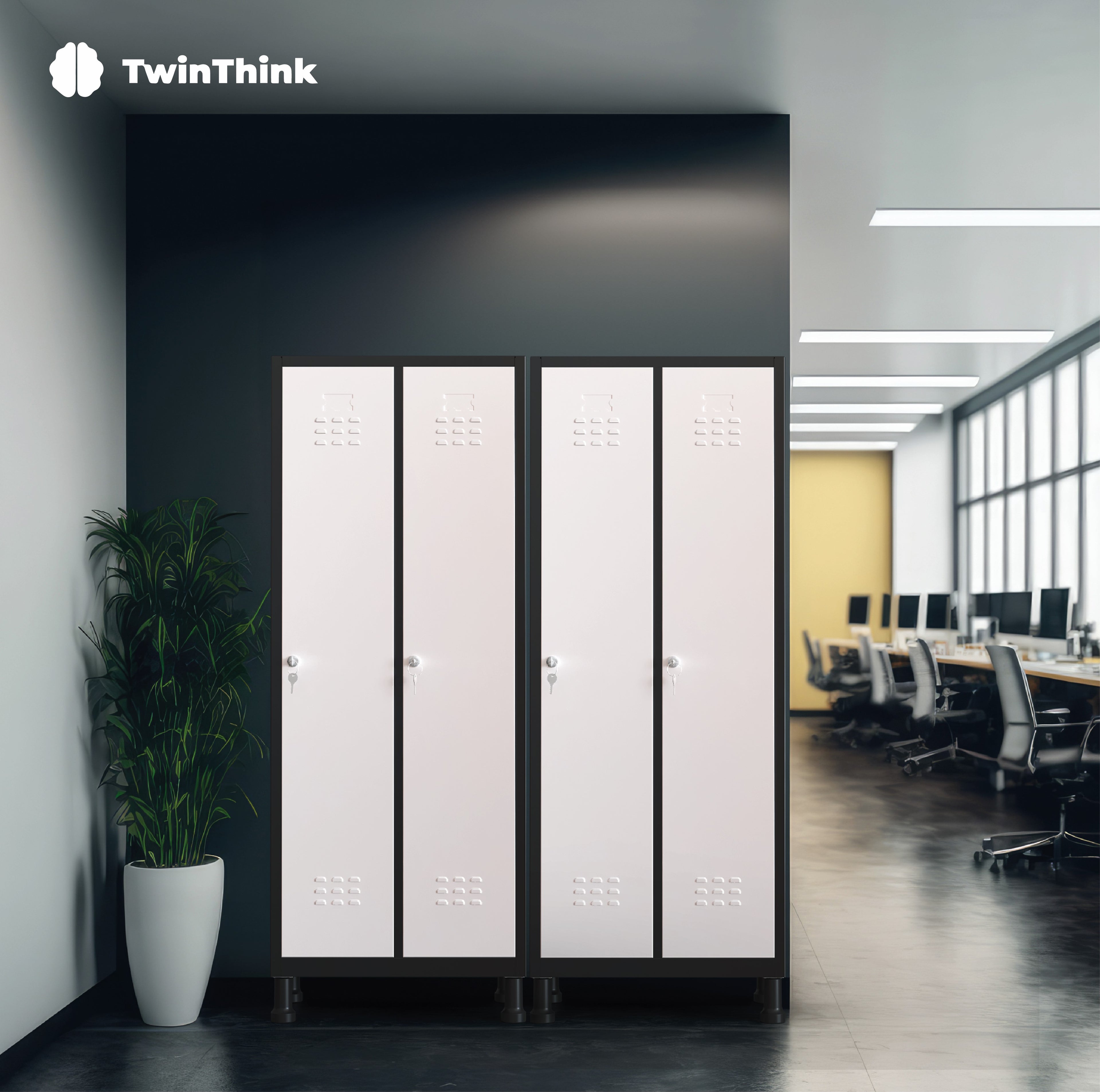 Taquilla metálica de 2 puertas TwinThink con cerradura de seguridad y llaves incluidas, ideal para oficinas, colegios, gimnasios y espacios industriales.