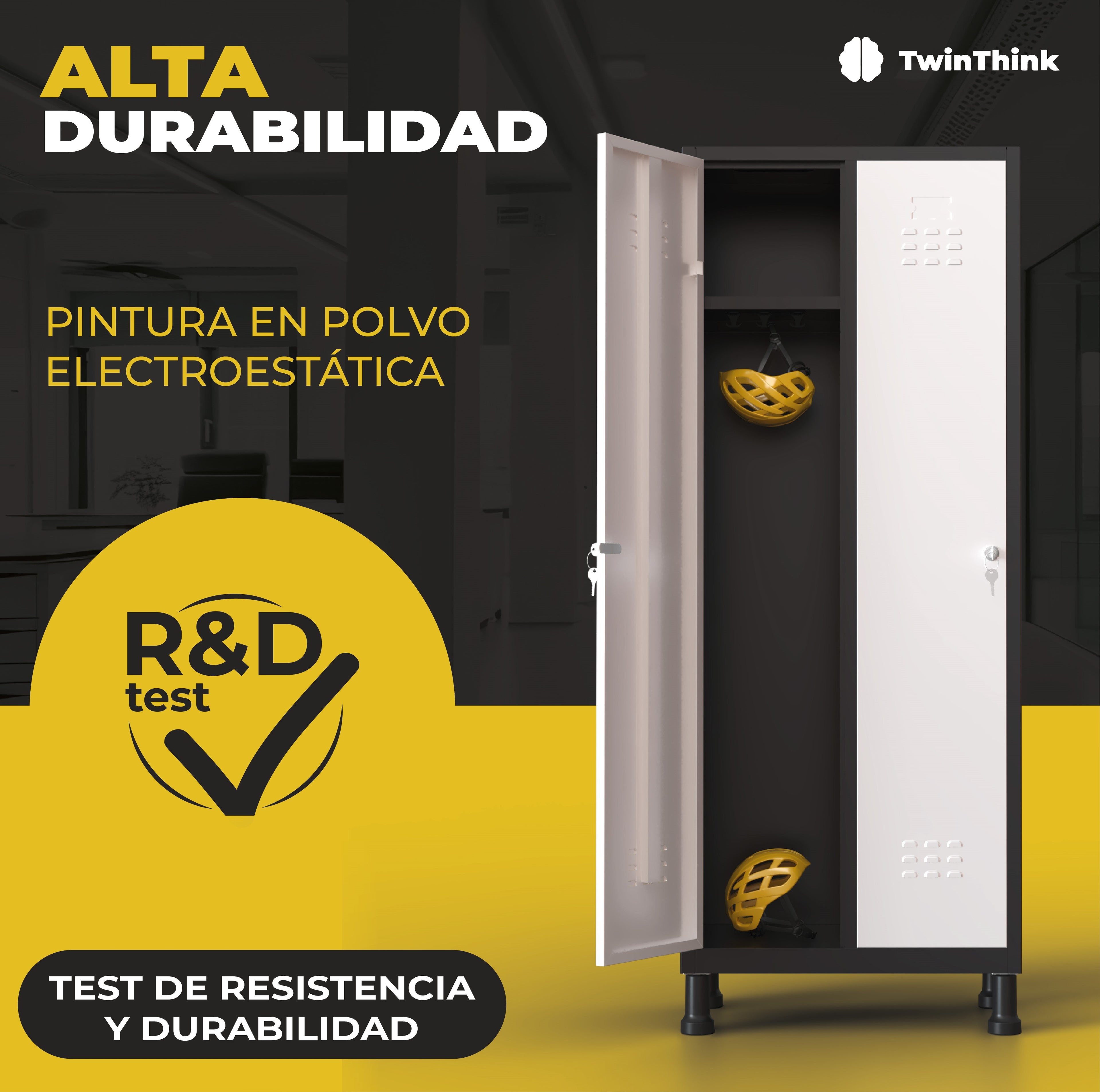 Taquilla metálica de 2 puertas TwinThink con pintura en polvo electrostática, sometida a test de resistencia y durabilidad R&D.