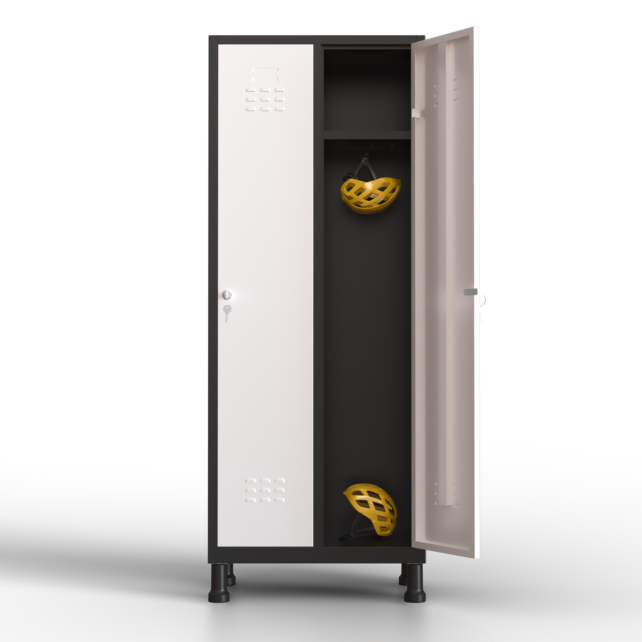 Taquilla metálica de 2 puertas TwinThink con compartimento amplio, cerradura de seguridad y llaves incluidas. Ideal para guardar cascos, mochilas y objetos personales en oficinas, colegios, gimnasios e industrias.