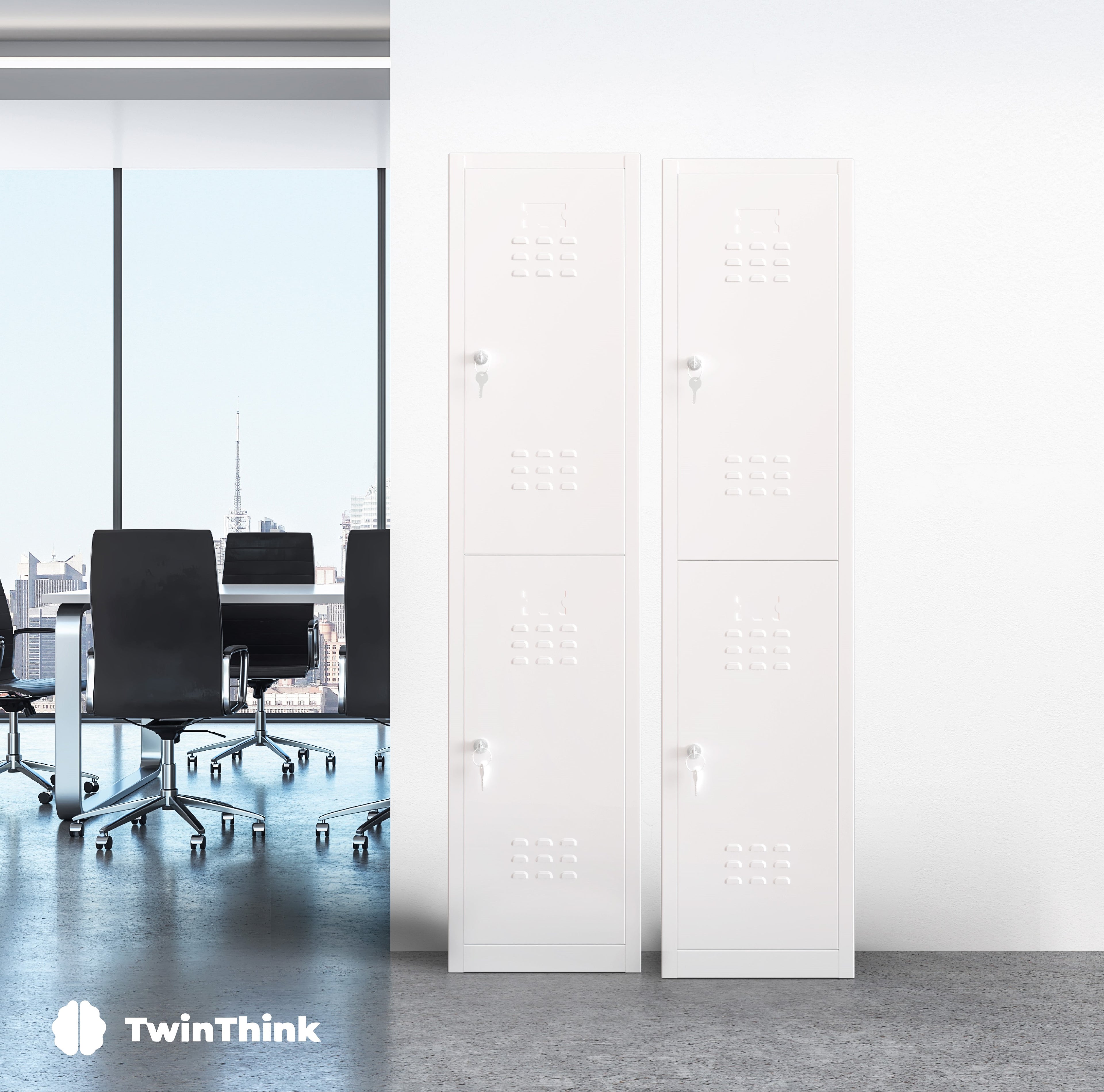 Taquilla metálica blanca de 2 puertas TwinThink con cerradura y llaves, ideal para oficinas, gimnasios y espacios compartidos.