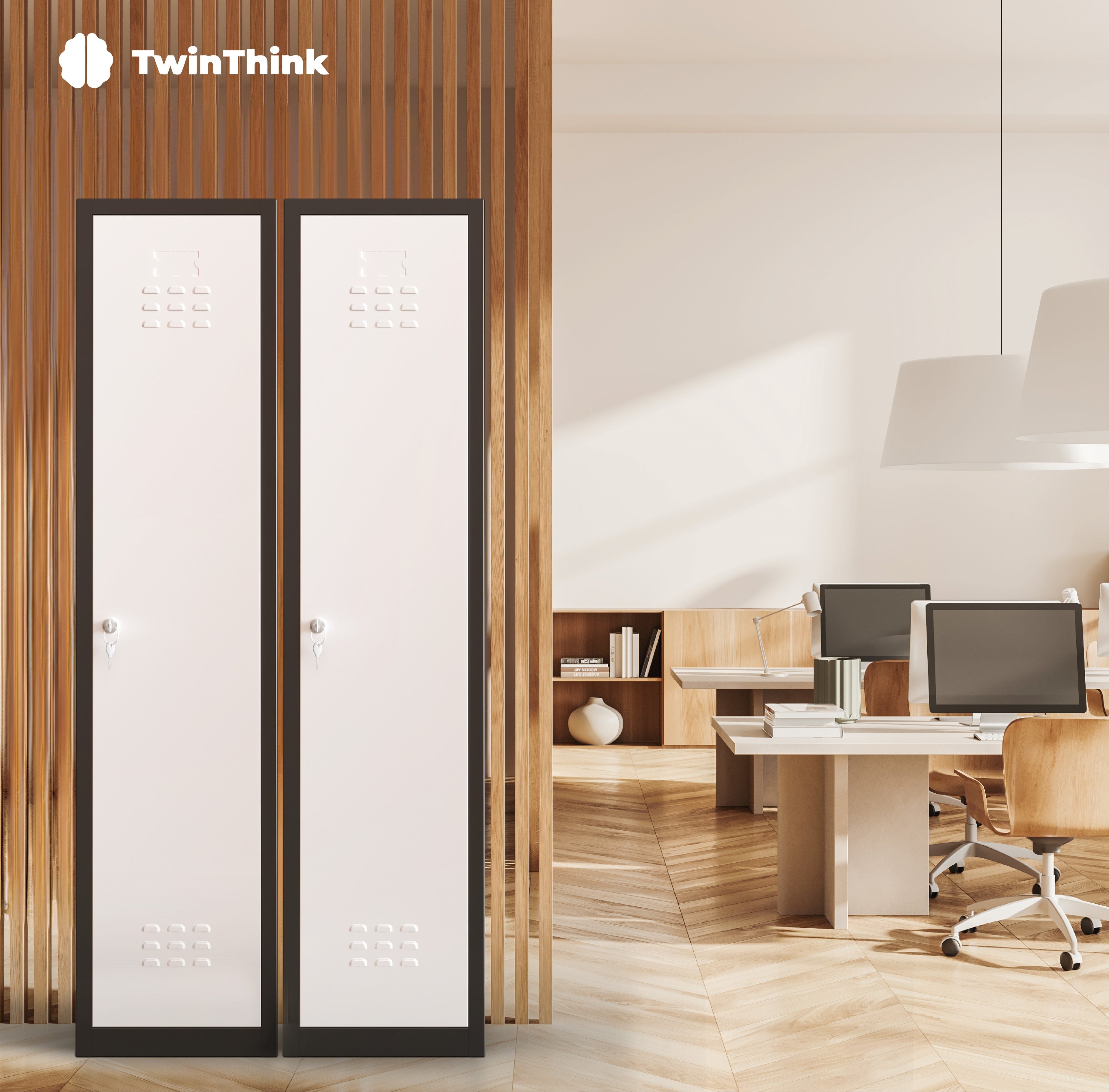 Taquilla metálica blanca TwinThink de 2 puertas, ideal para oficinas, colegios y gimnasios, con cerradura individual y diseño resistente.