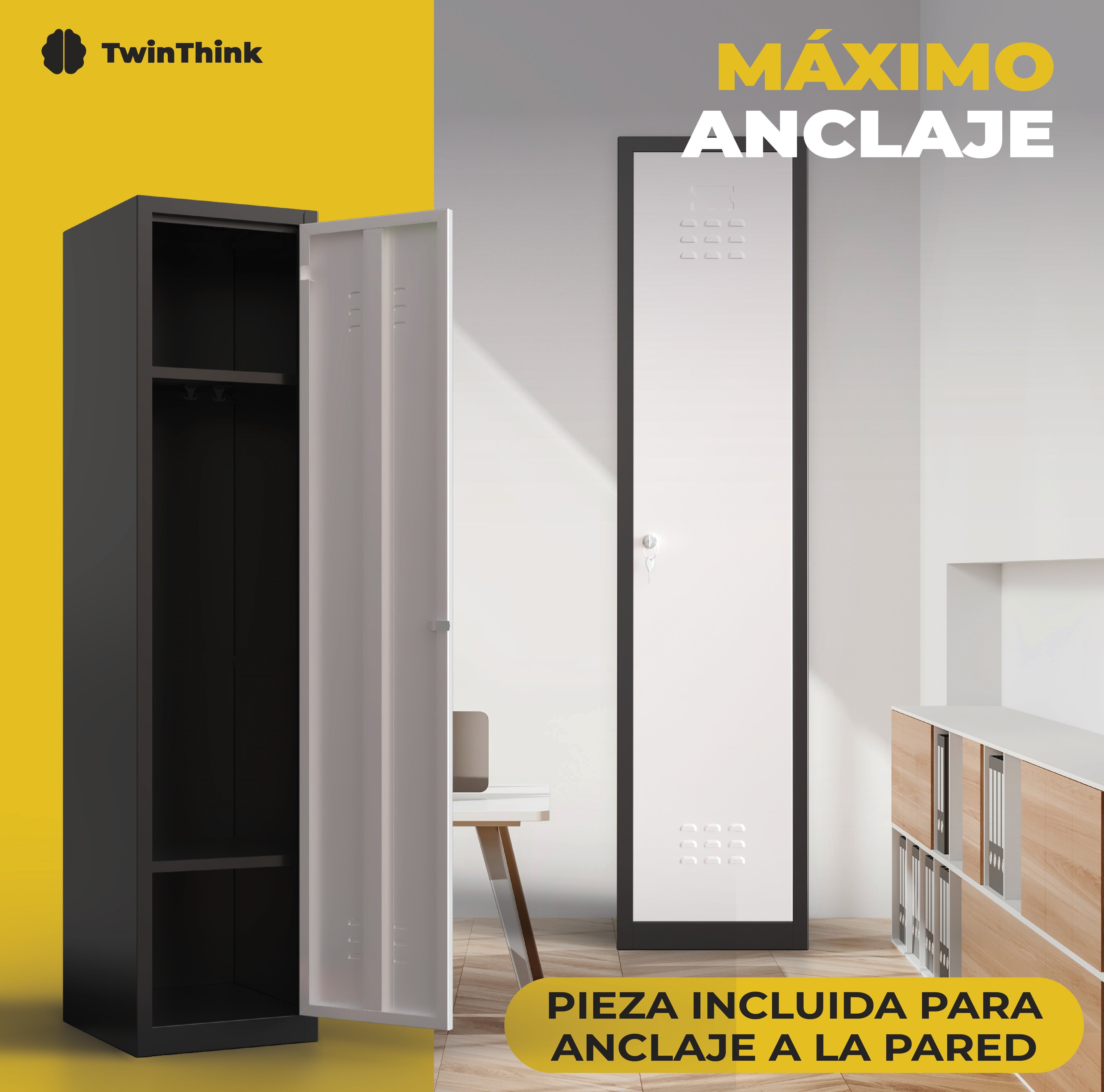 Taquilla metálica blanca TwinThink de 2 puertas con pieza incluida para anclaje a la pared, seguridad y estabilidad garantizada.