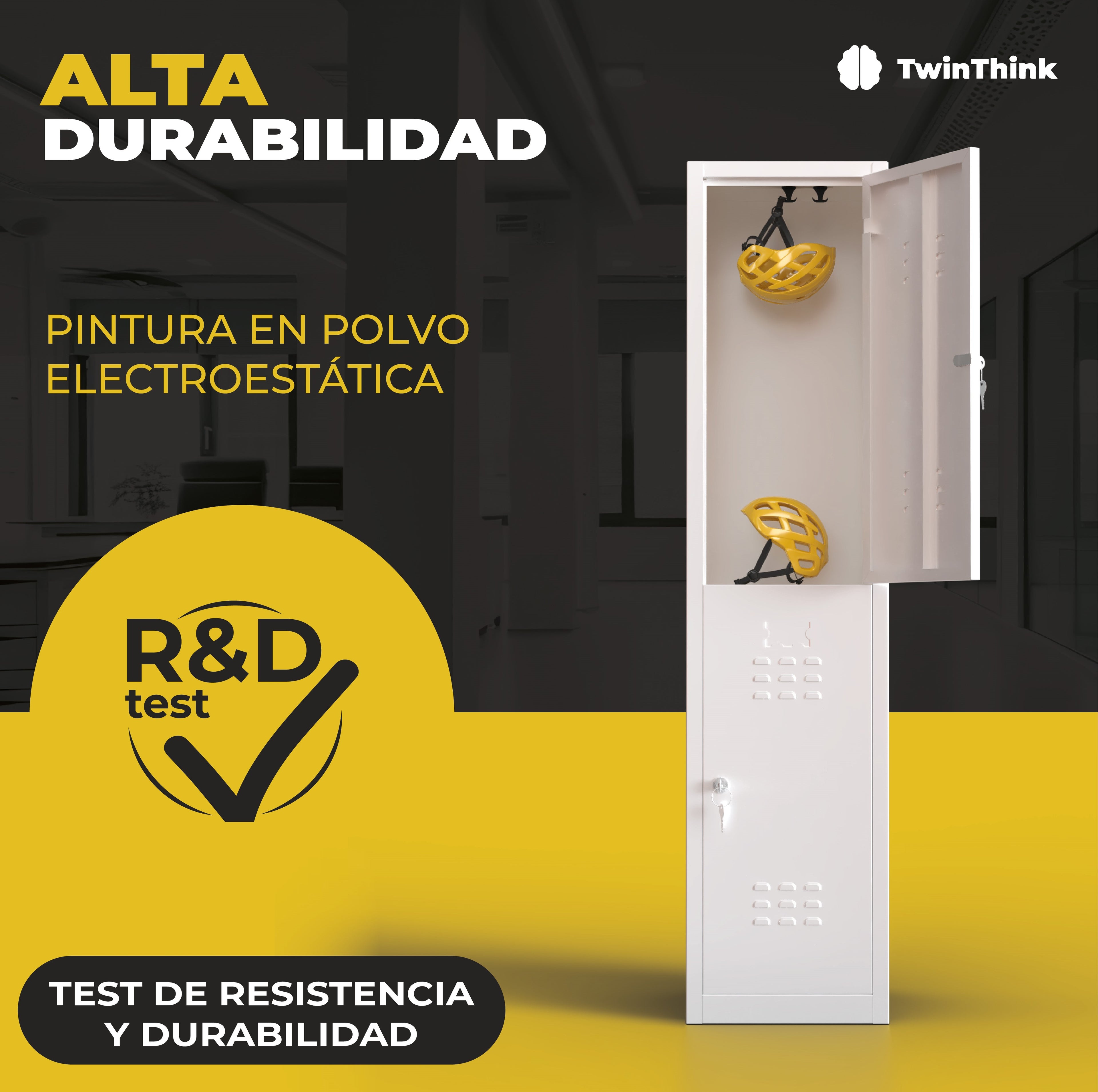 Taquilla metálica blanca de 2 puertas TwinThink con pintura en polvo electrostática y test de resistencia para mayor durabilidad.