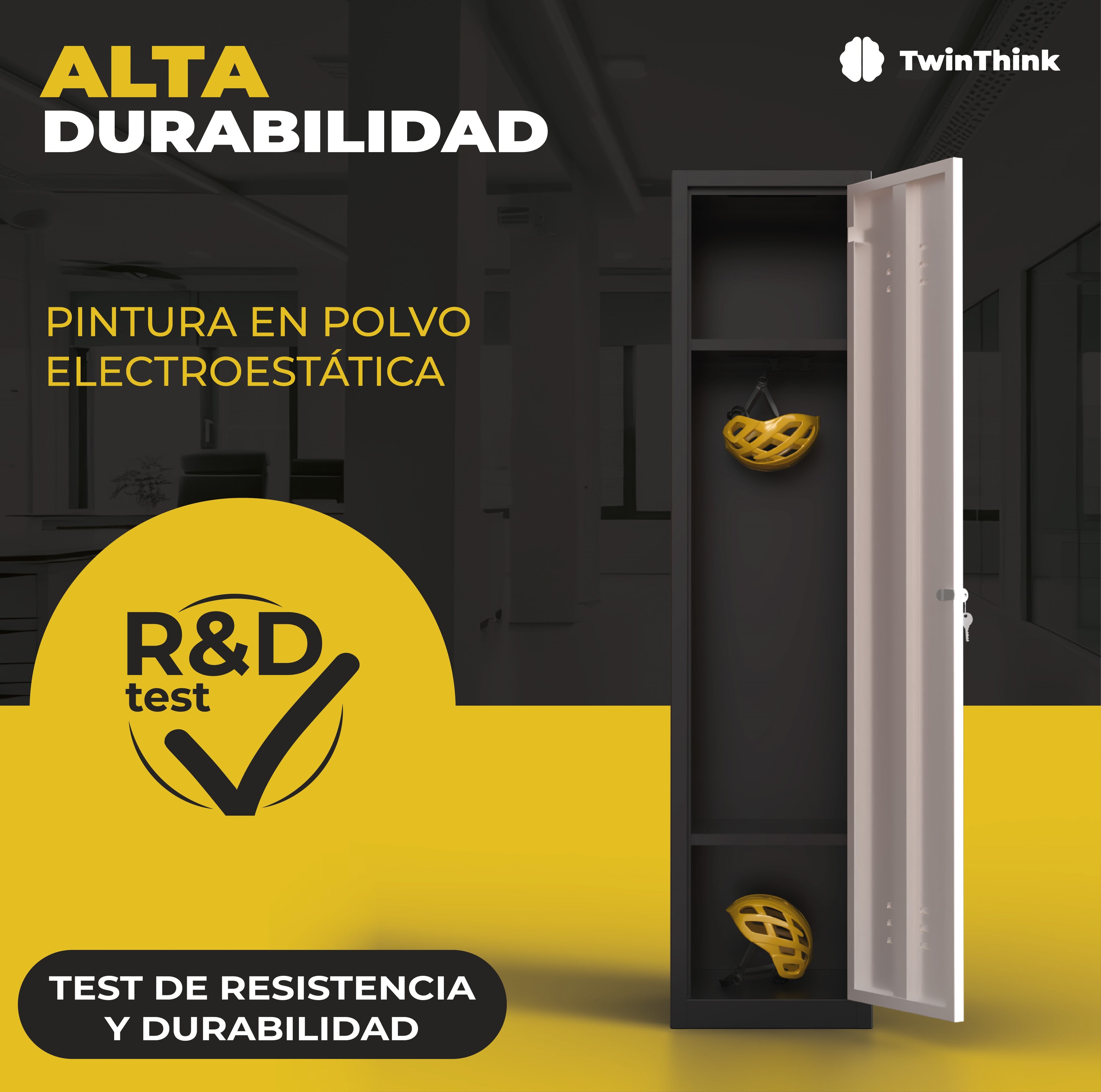 Taquilla metálica blanca TwinThink de 2 puertas con pintura en polvo electrostática, testada en resistencia y durabilidad.