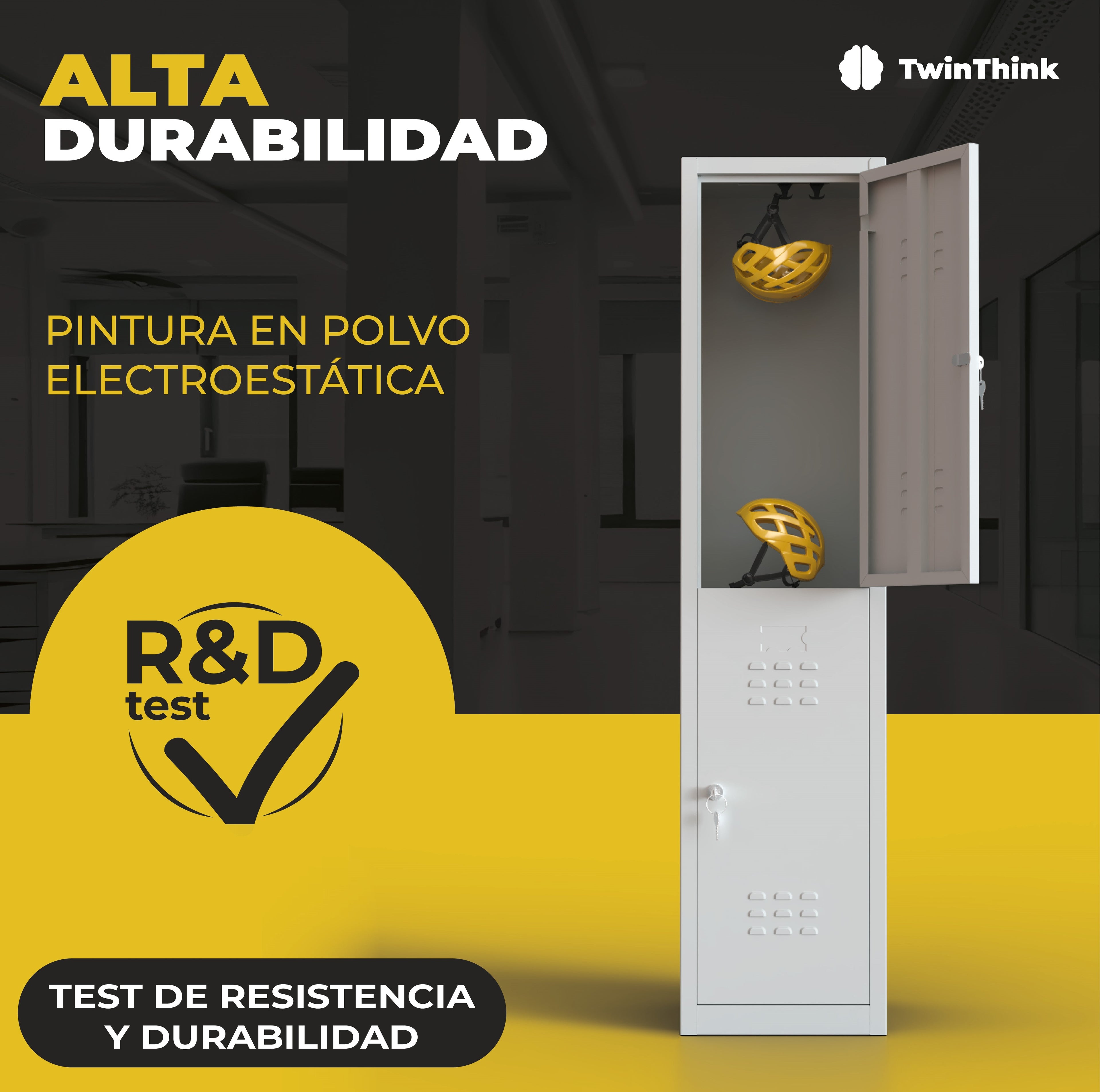 Taquilla metálica blanca de 2 puertas TwinThink con pintura en polvo electrostática, probada en test de resistencia y durabilidad R&D.