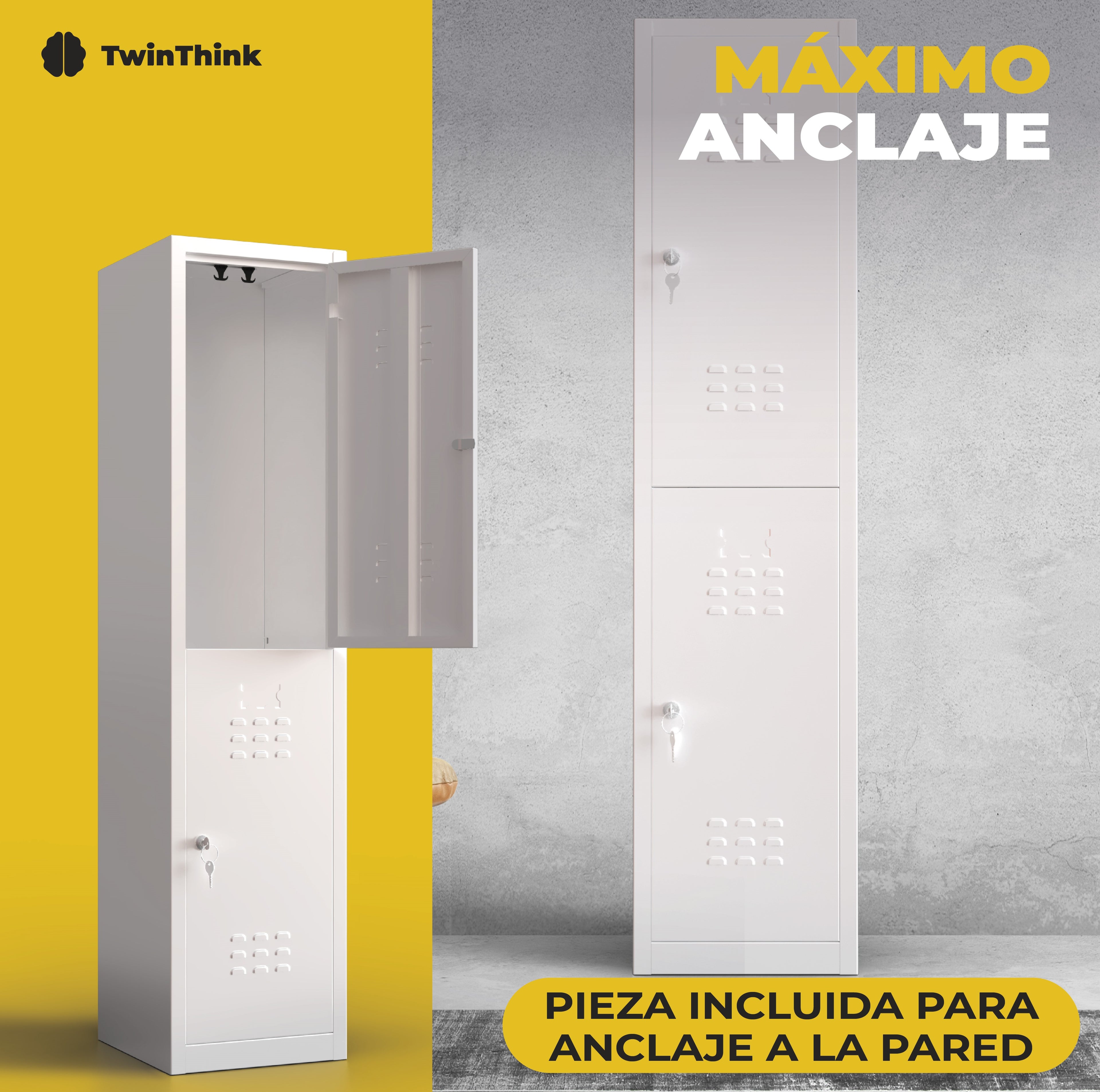 Taquilla metálica blanca de 2 puertas TwinThink con pintura en polvo electrostática y test de resistencia para mayor durabilidad.