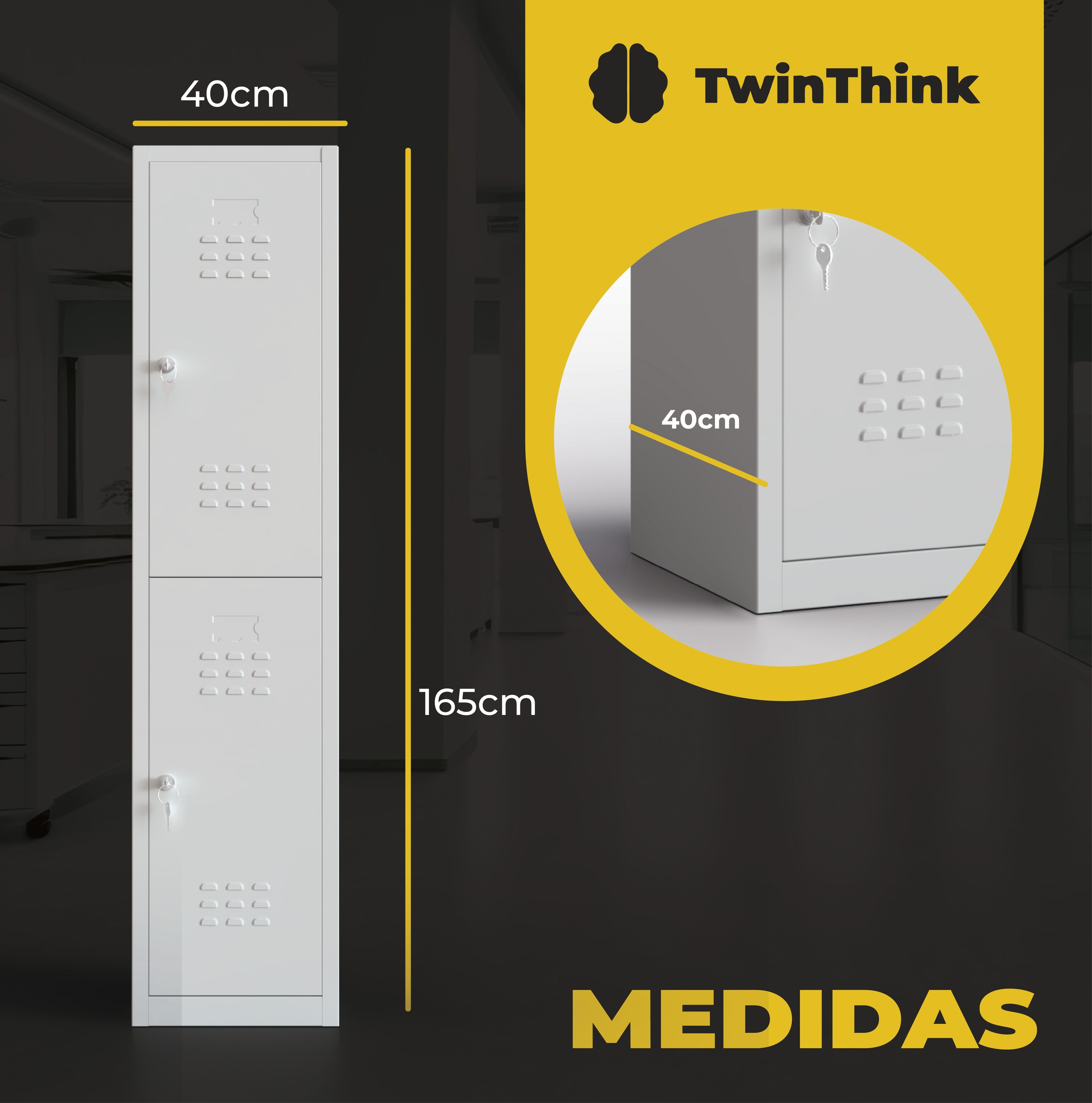 Medidas de taquilla metálica blanca TwinThink de 2 puertas: 165 cm alto x 40 cm ancho.