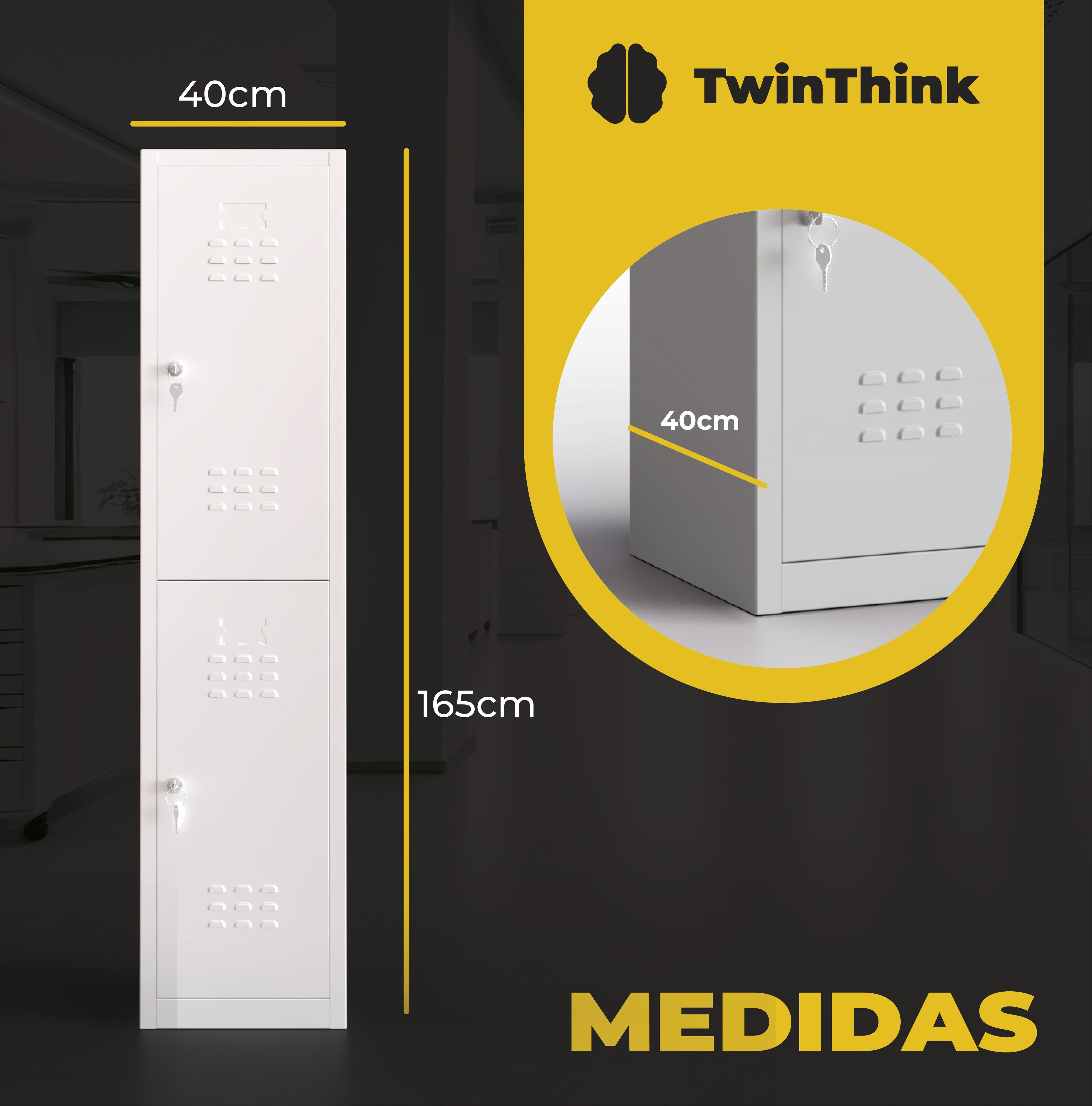Medidas de taquilla metálica blanca de 2 puertas TwinThink: 165 cm alto, 40 cm ancho, 46 cm fondo.