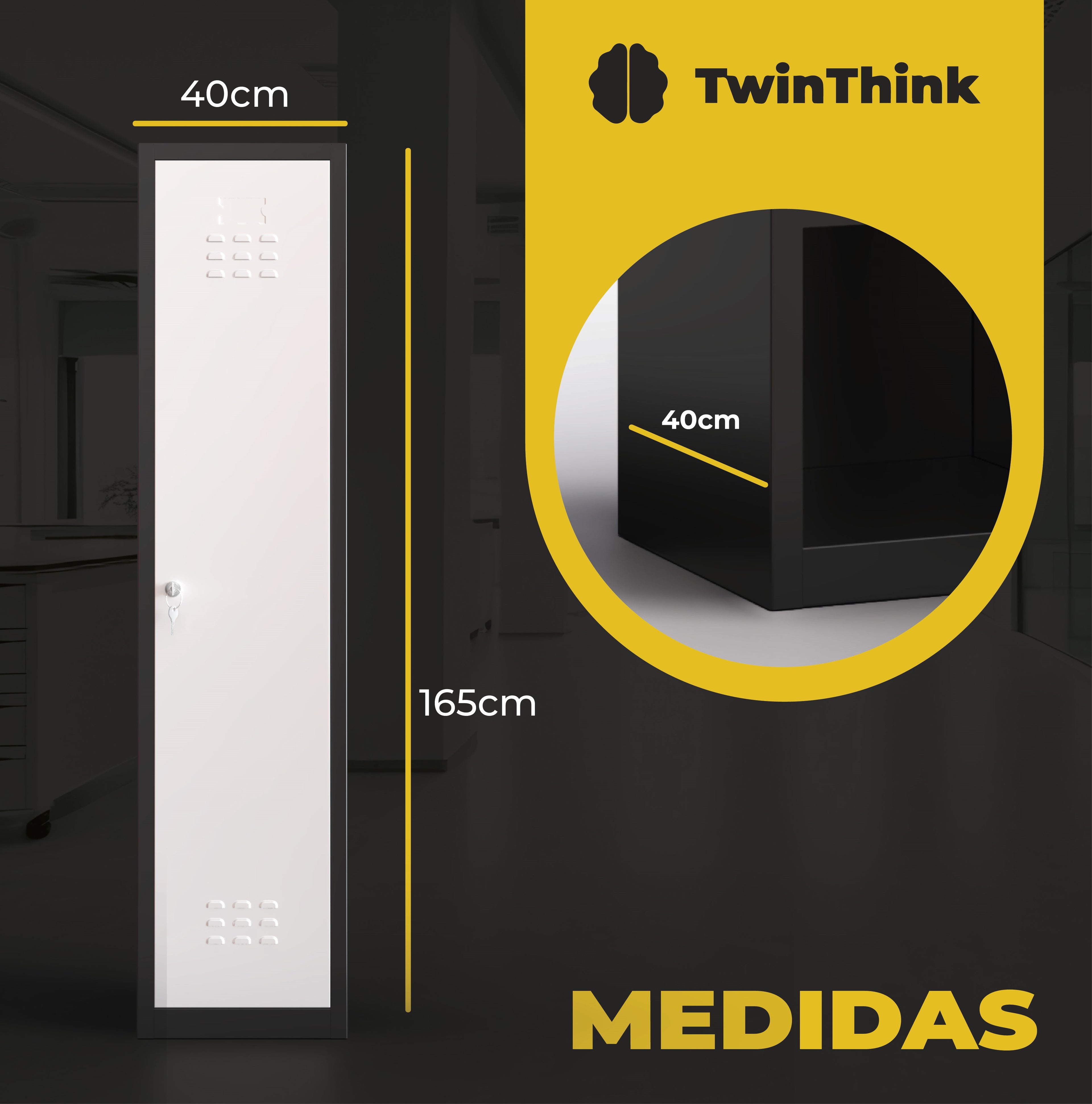 Medidas taquilla metálica blanca TwinThink de 2 puertas, alto 165 cm, ancho 40 cm, fondo 40 cm.