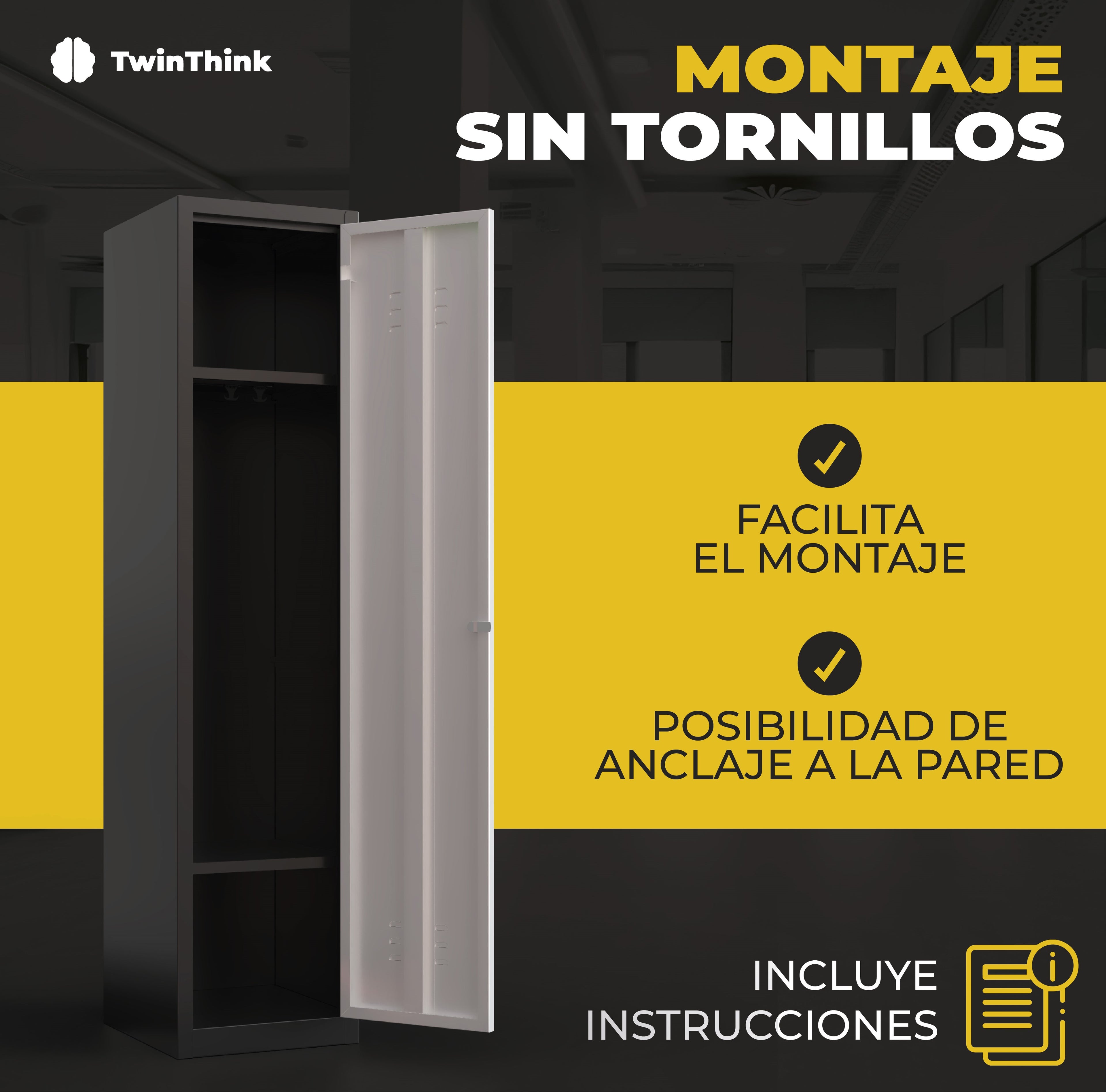 Taquilla metálica blanca TwinThink de 2 puertas con montaje sin tornillos, fácil instalación e incluye instrucciones.