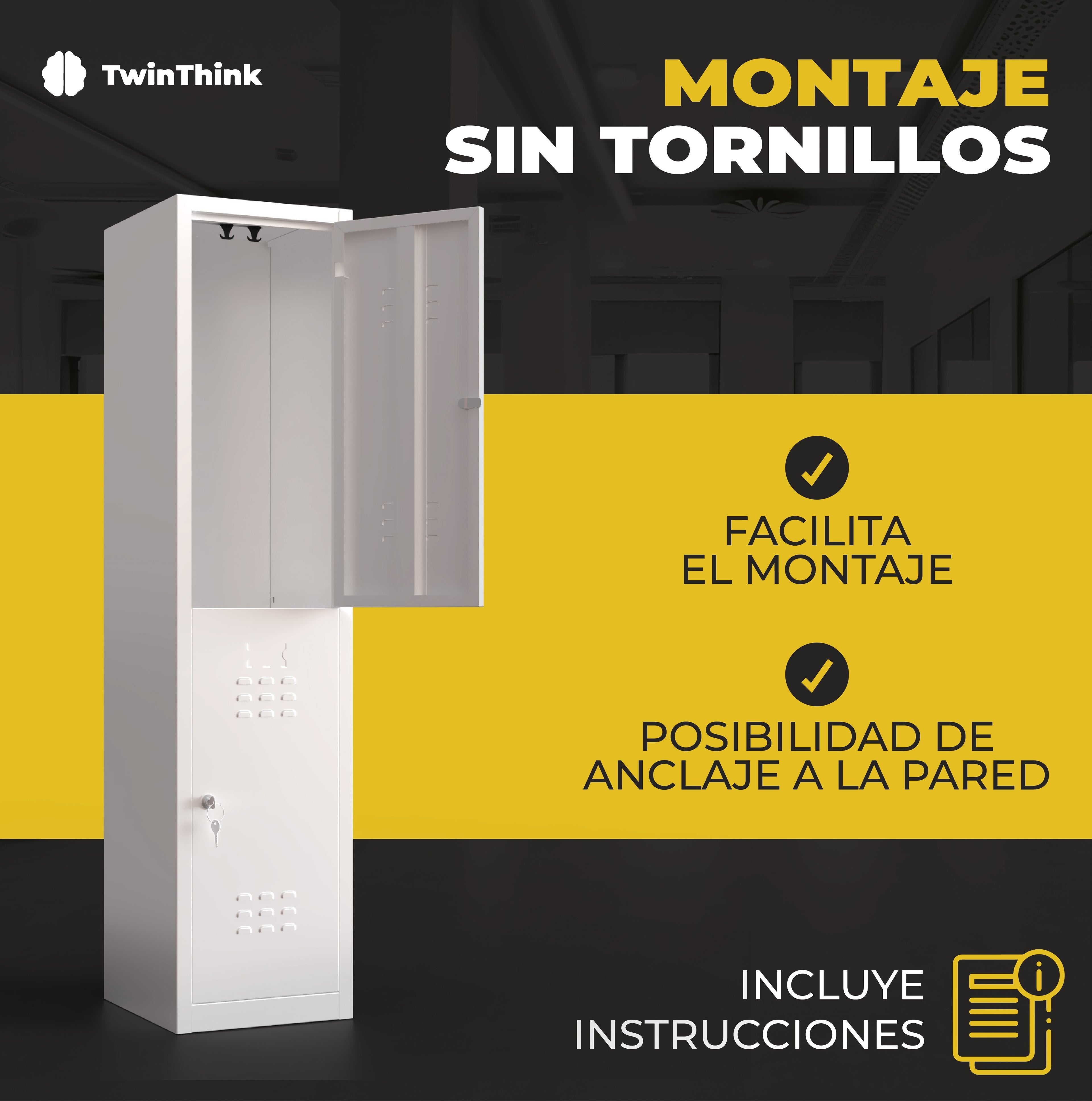 Taquilla metálica blanca de 2 puertas TwinThink con montaje sin tornillos, fácil instalación e incluye instrucciones.