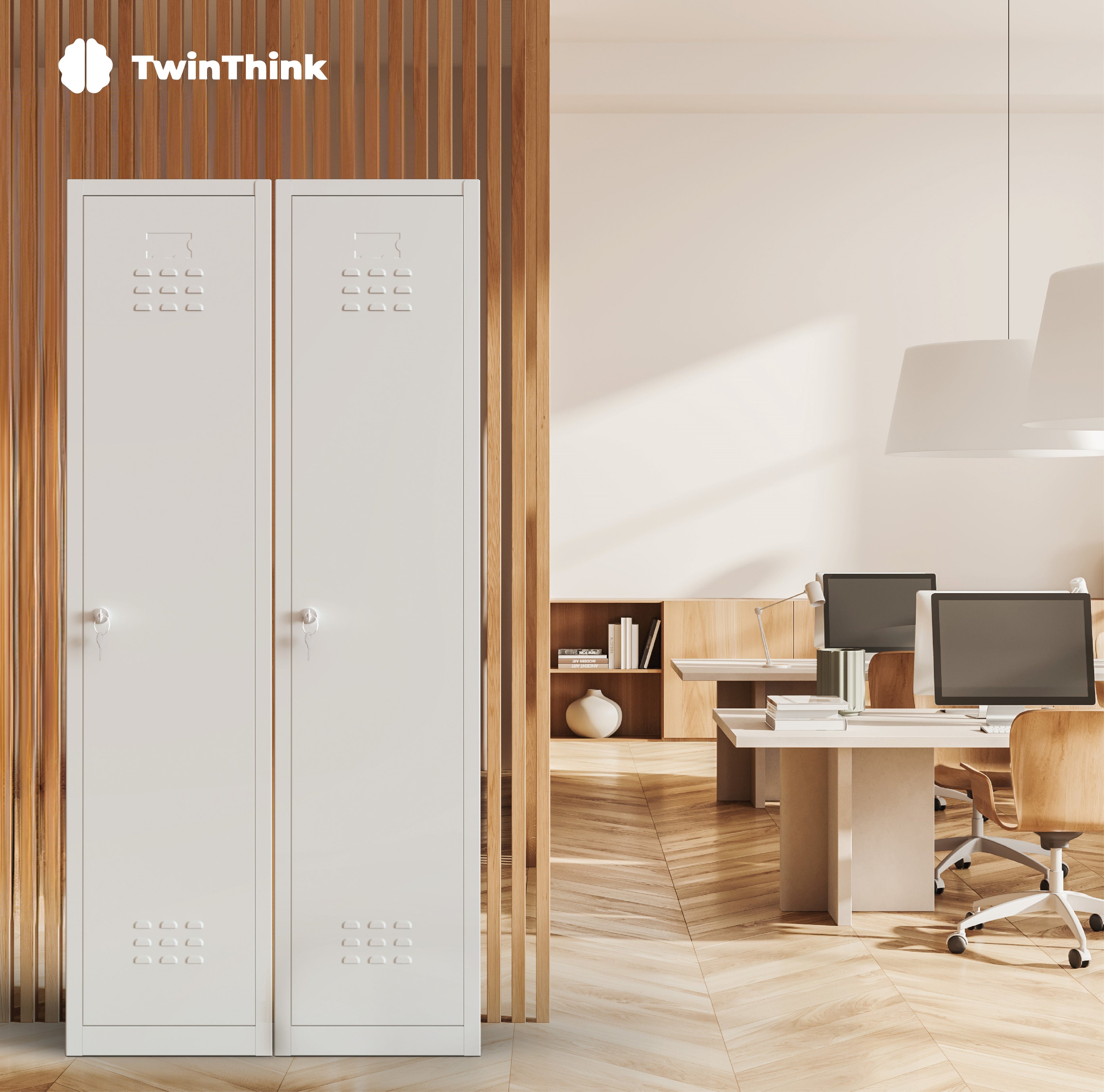 Taquilla metálica gris de 2 puertas TwinThink, ideal para oficinas, colegios, vestuarios y gimnasios, diseño resistente y moderno.
