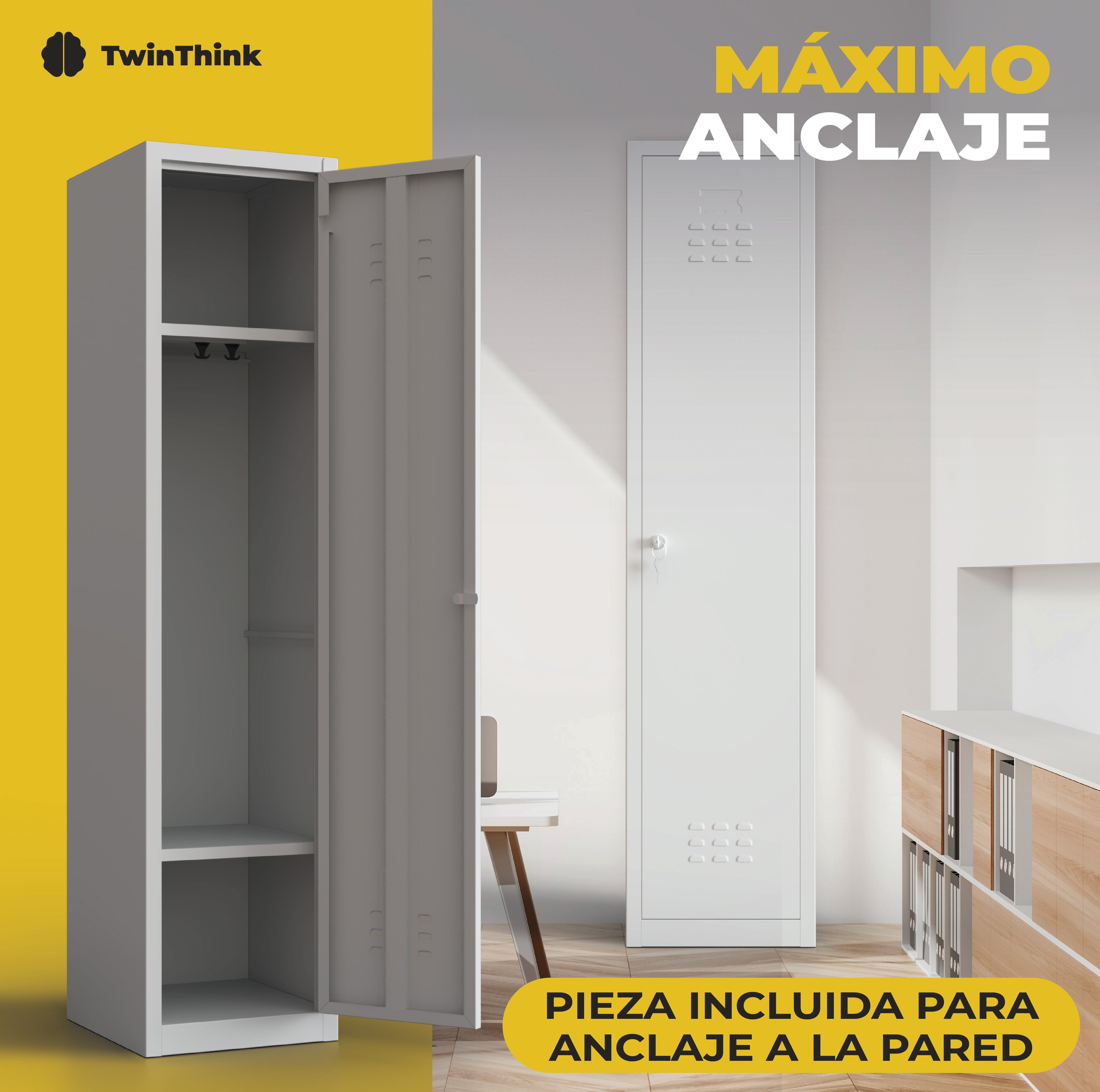 Taquilla metálica gris TwinThink de 2 puertas con pieza incluida para anclaje seguro a la pared.