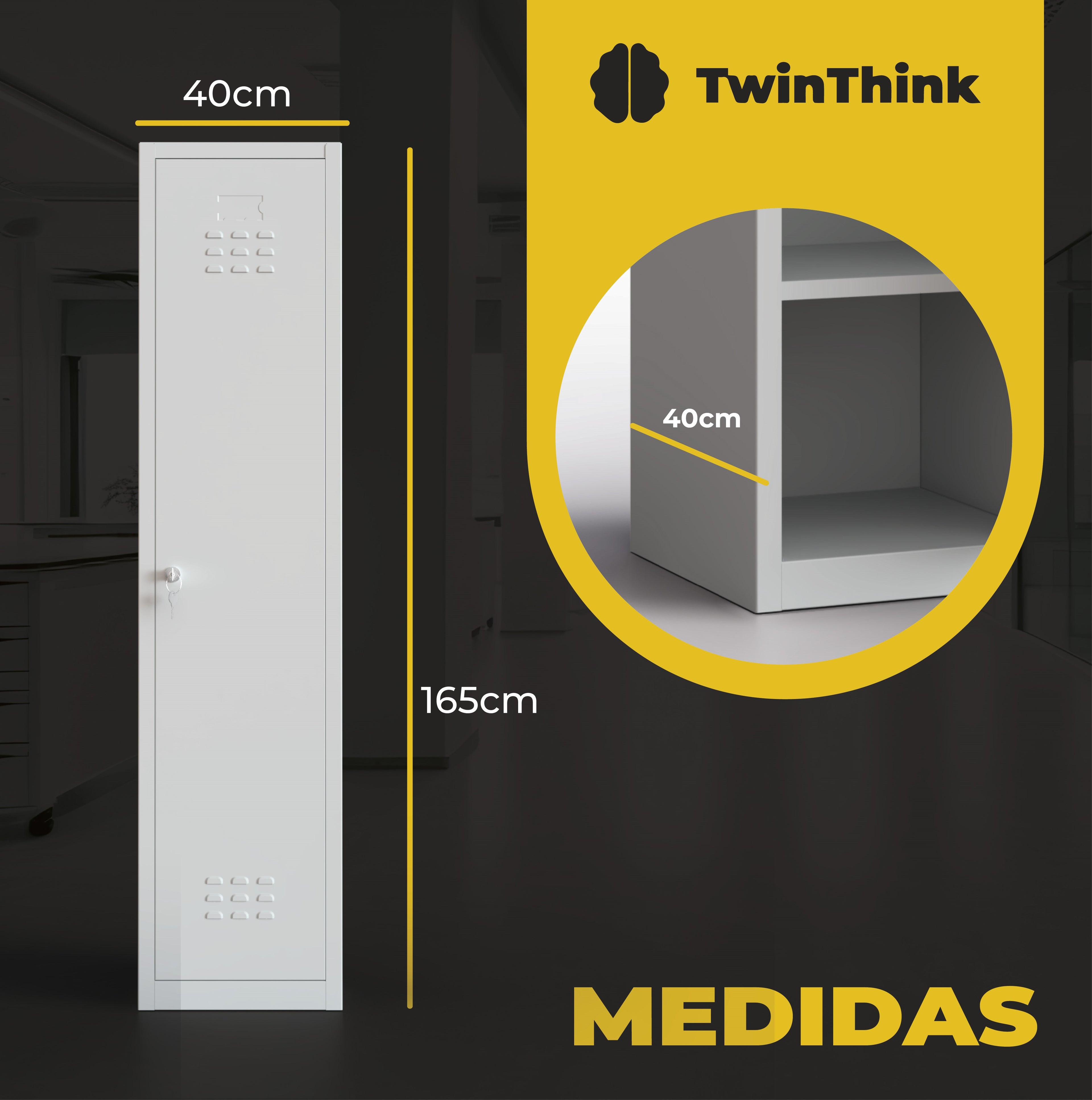 Medidas taquilla metálica gris TwinThink de 2 puertas, altura 165 cm y ancho 40 cm.