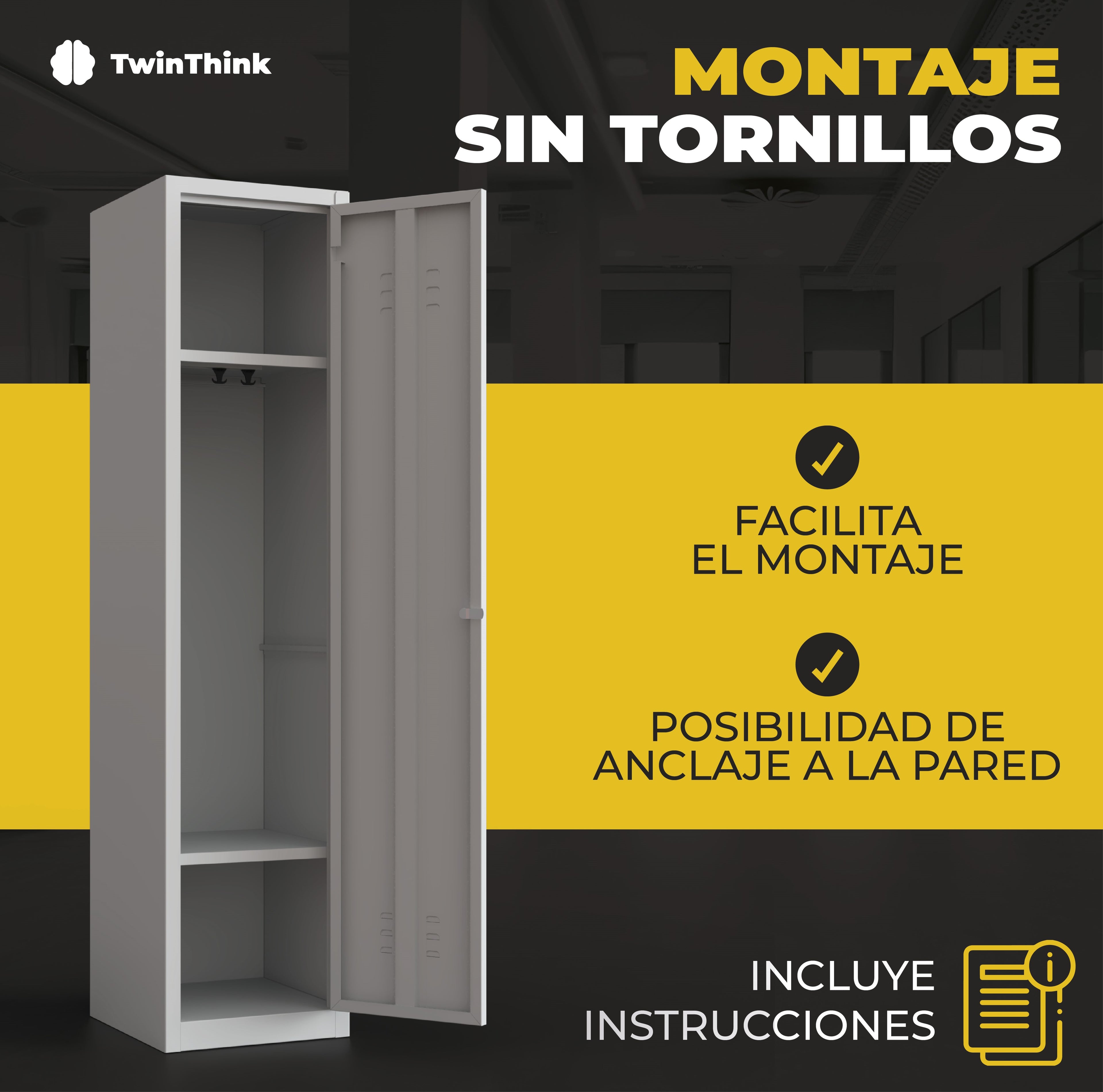 Montaje sin tornillos taquilla metálica gris TwinThink de 2 puertas, instalación rápida y sencilla con opción de anclaje a la pared.