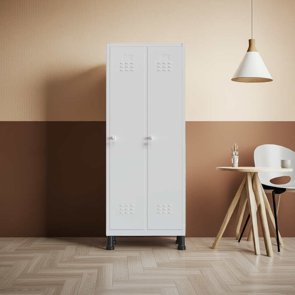 Taquilla metálica 2 puertas gris TwinThink junto a escritorio moderno en ambiente de oficina.