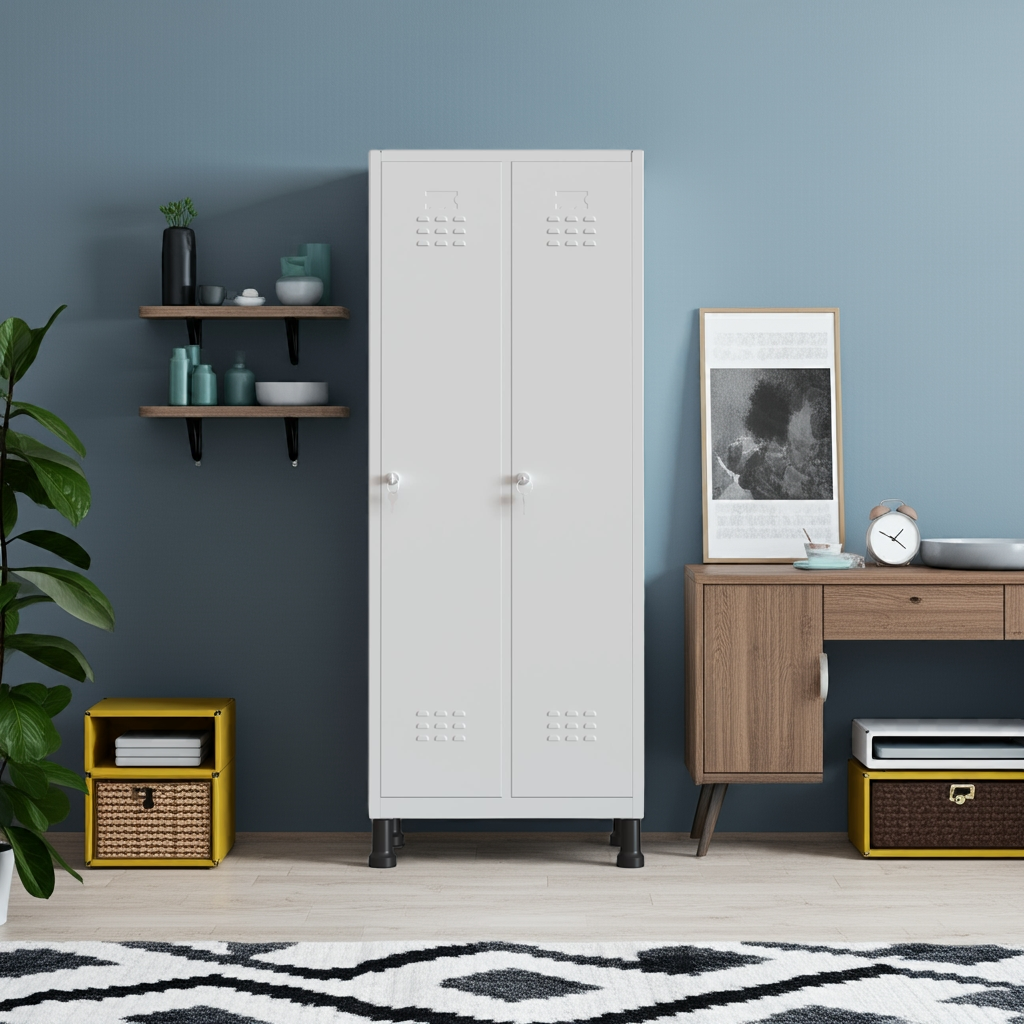 Taquilla metálica 2 puertas gris TwinThink en ambiente de hogar con pared azul y mueble de madera.