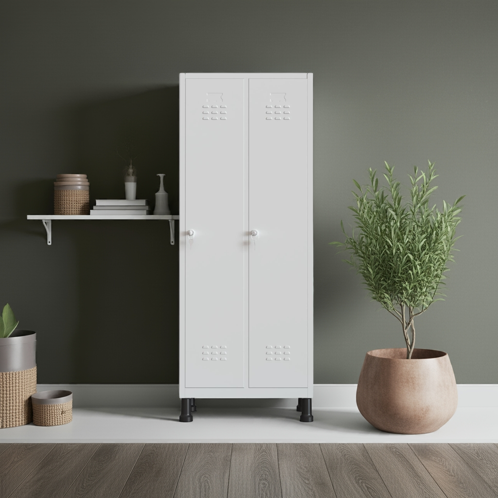 Taquilla metálica 2 puertas gris TwinThink en ambiente hogareño con planta y estantería moderna.