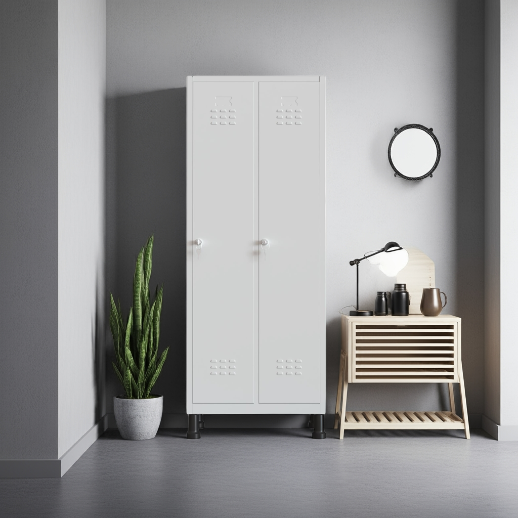 Taquilla metálica 2 puertas gris TwinThink sobre pared gris con decoración estilo contemporáneo.