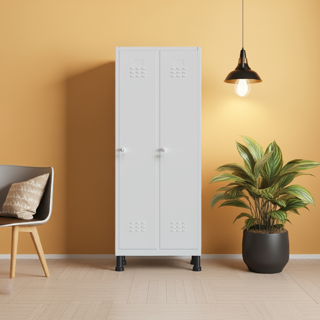 Taquilla metálica 2 puertas gris TwinThink en ambiente cálido con pared naranja y planta decorativa.