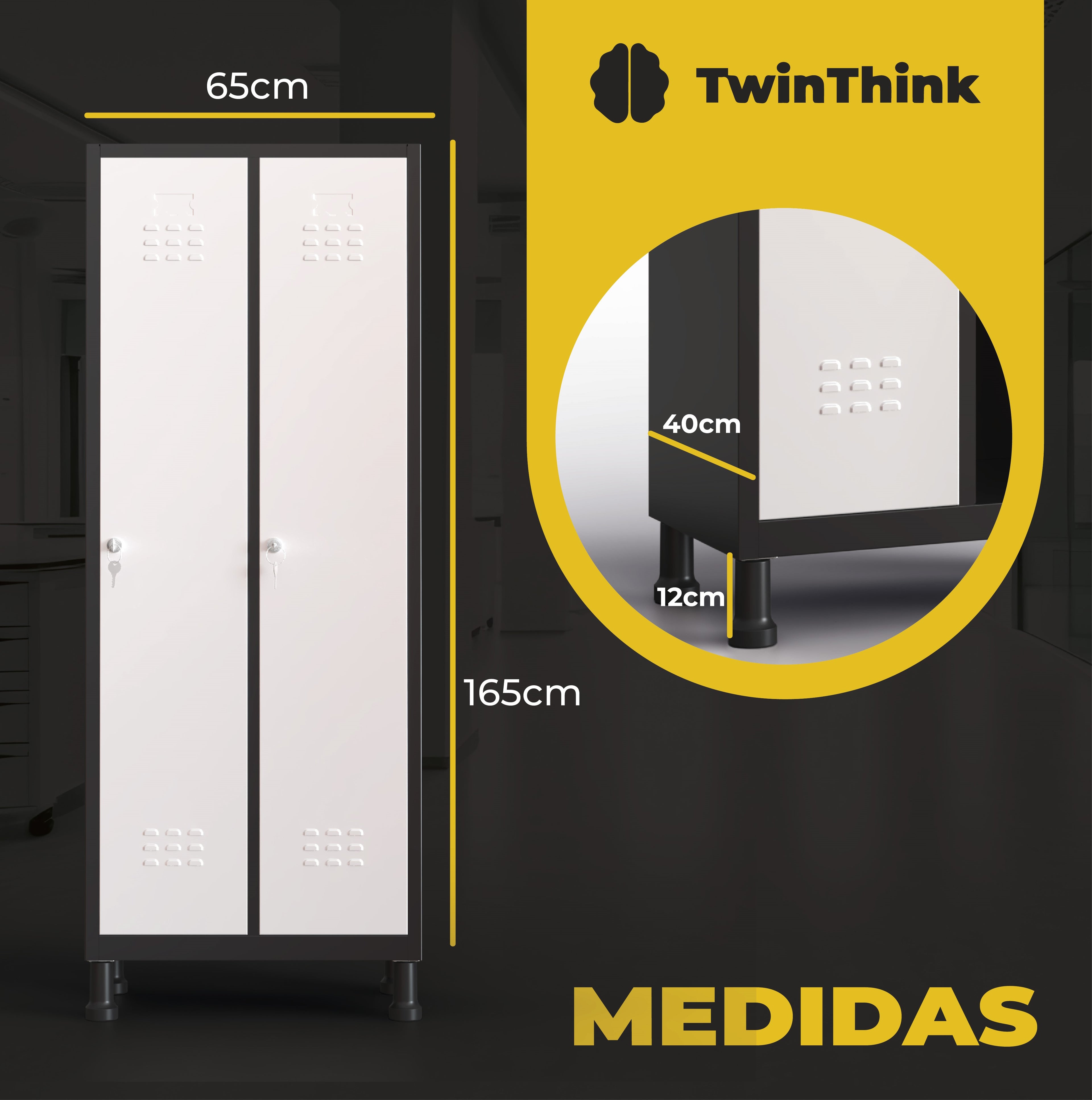 Medidas de la taquilla metálica de 2 puertas TwinThink: 165 cm de alto, 65 cm de ancho y 42 cm de fondo. Incluye cerraduras con llaves.