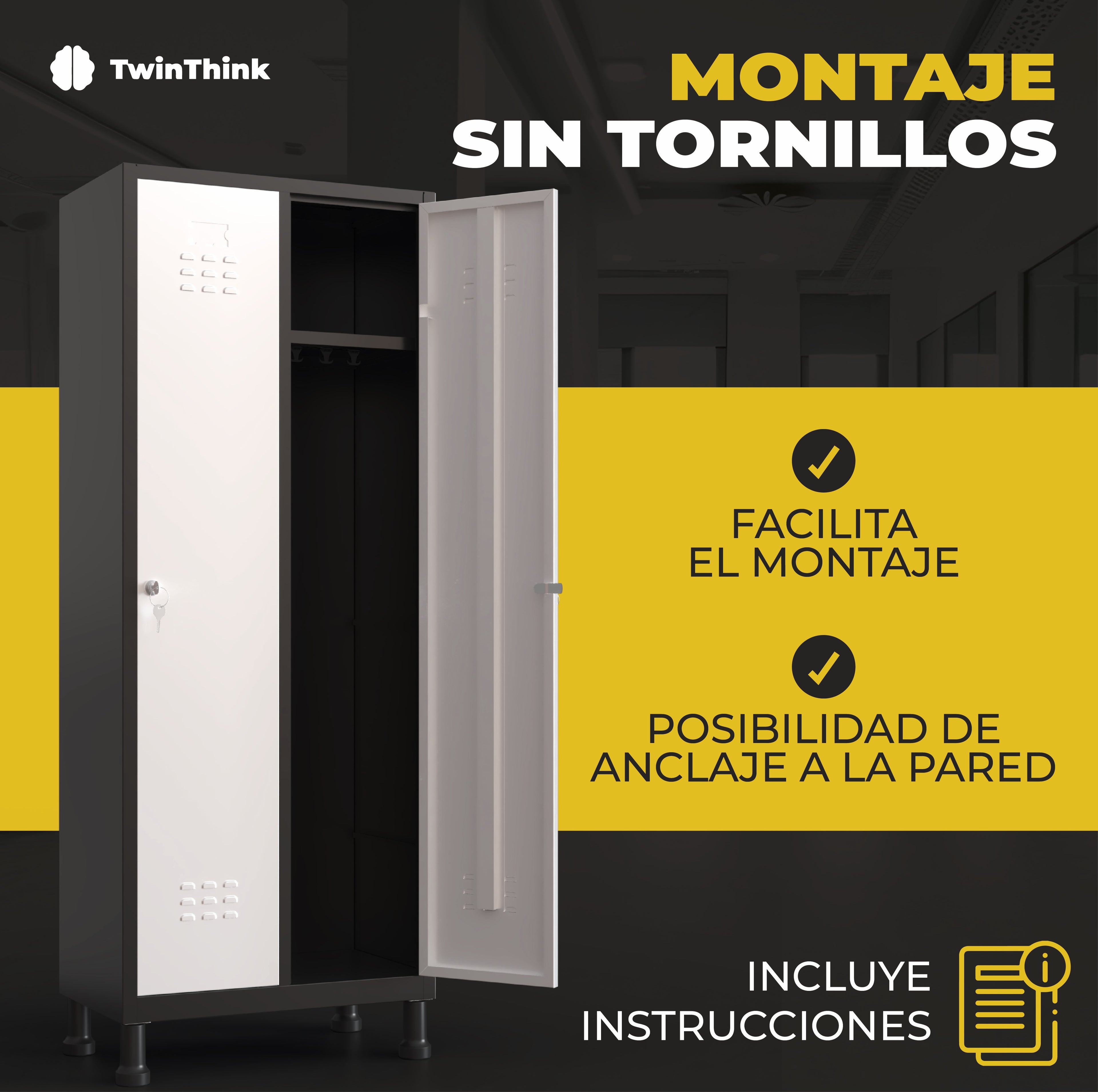 Taquilla metálica de 2 puertas TwinThink de fácil montaje sin tornillos. Incluye instrucciones y posibilidad de anclaje a la pared.