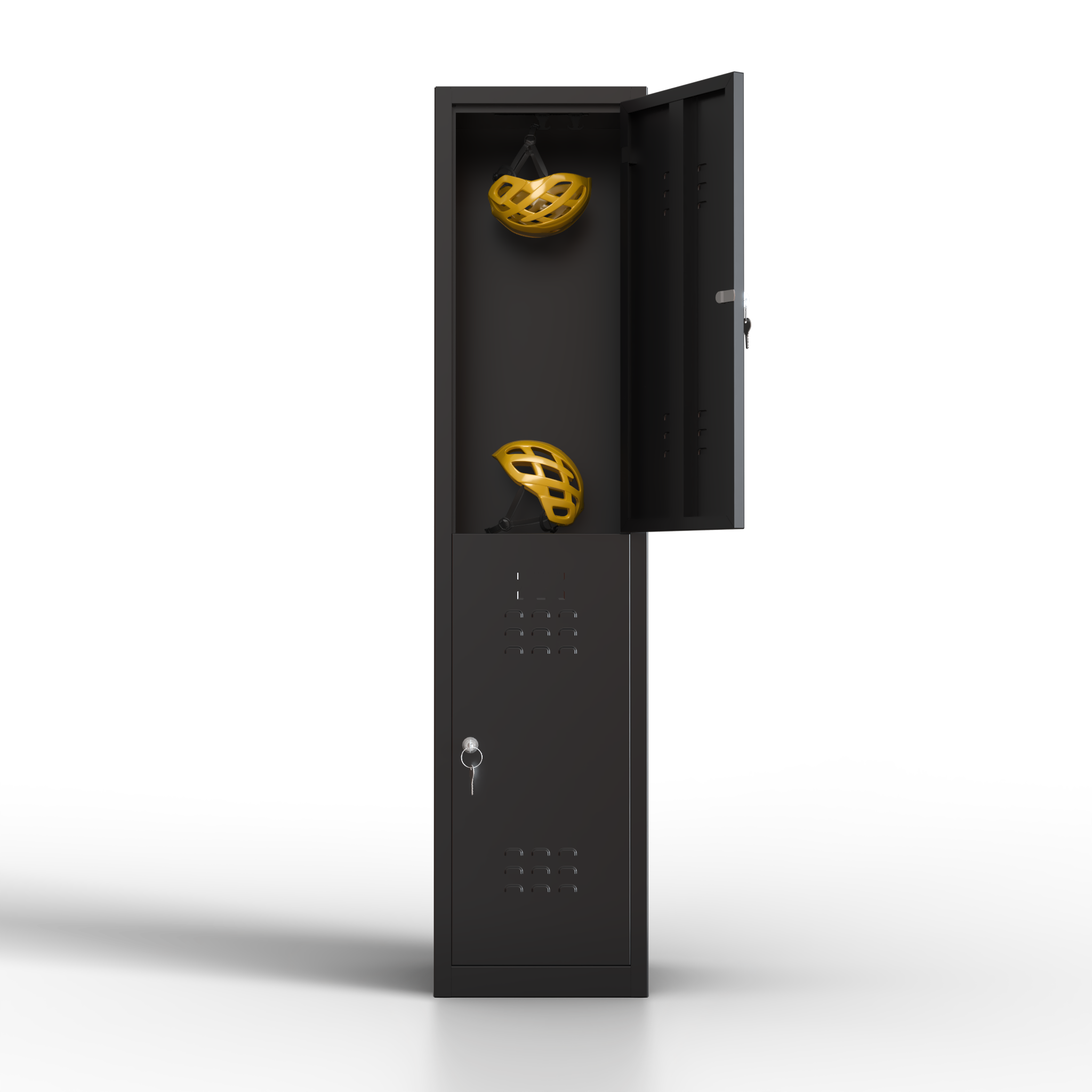 Taquilla metálica negra de 2 puertas TwinThink abierta con dos cascos de seguridad en su interior.