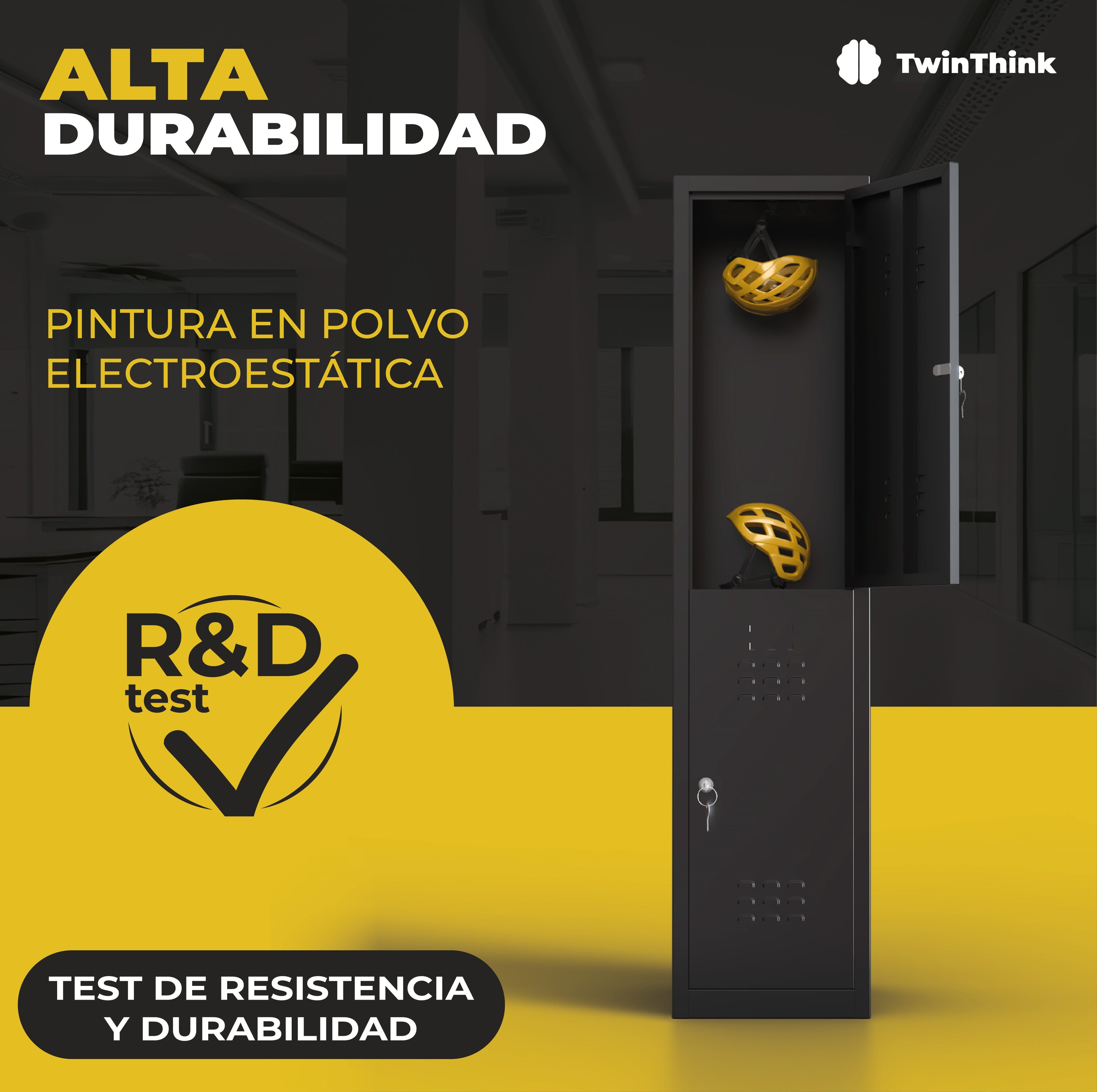 Taquilla metálica negra de 2 puertas TwinThink con pintura en polvo electrostática, test de resistencia y durabilidad.
