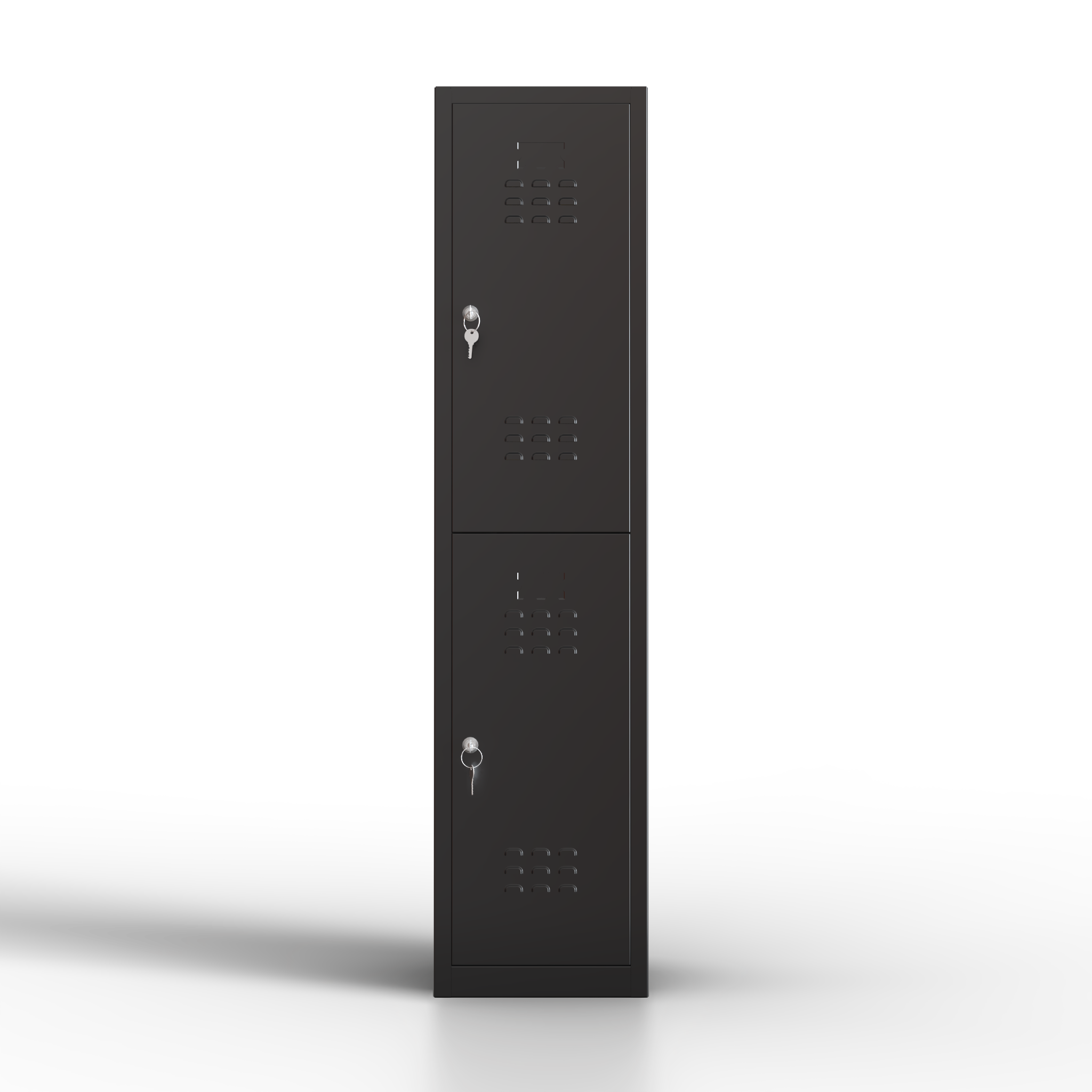 Vista frontal de taquilla metálica negra de 2 puertas TwinThink con cerradura y ventilación.