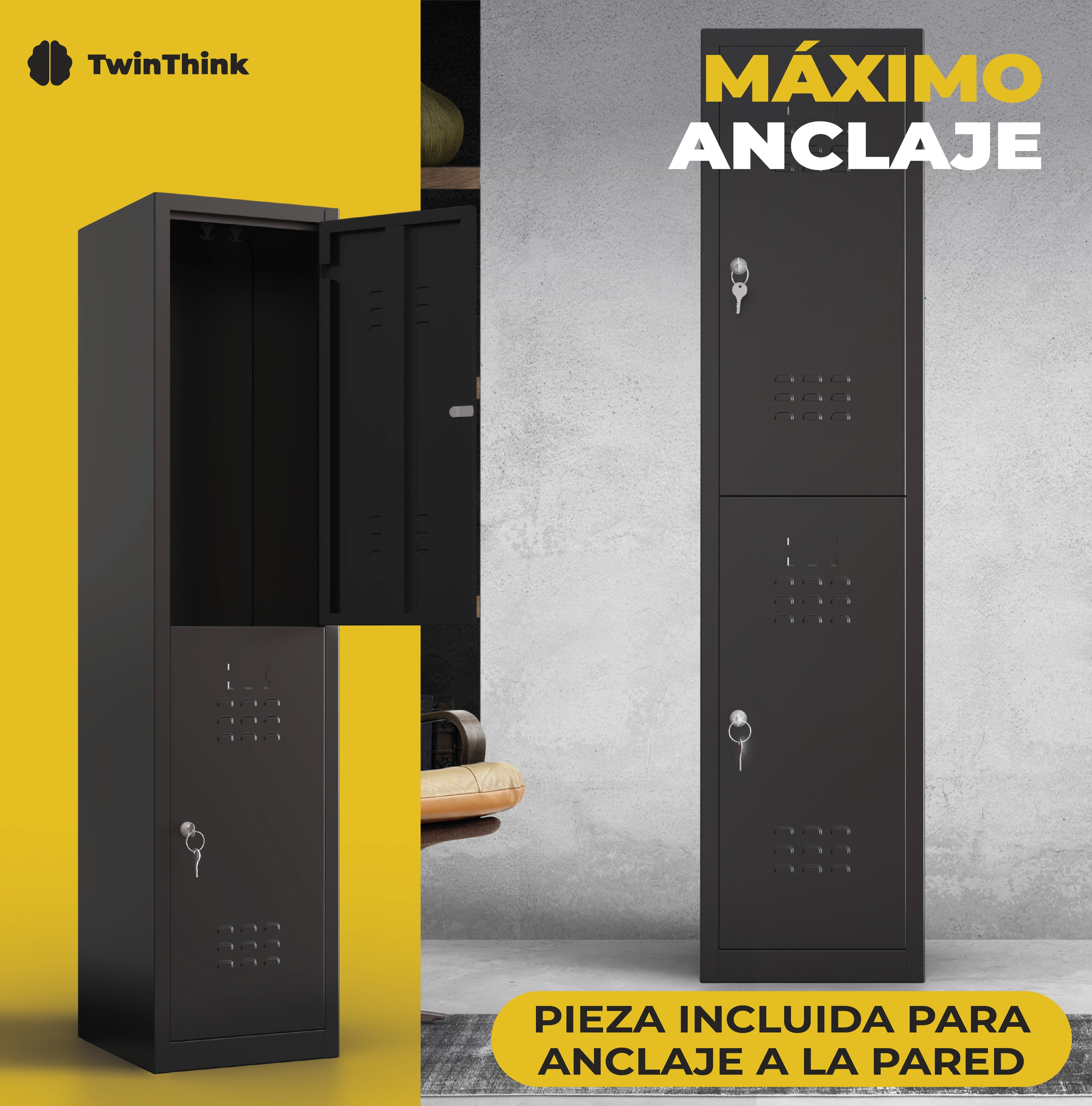Taquilla metálica negra de 2 puertas TwinThink con pieza incluida para máximo anclaje a la pared.