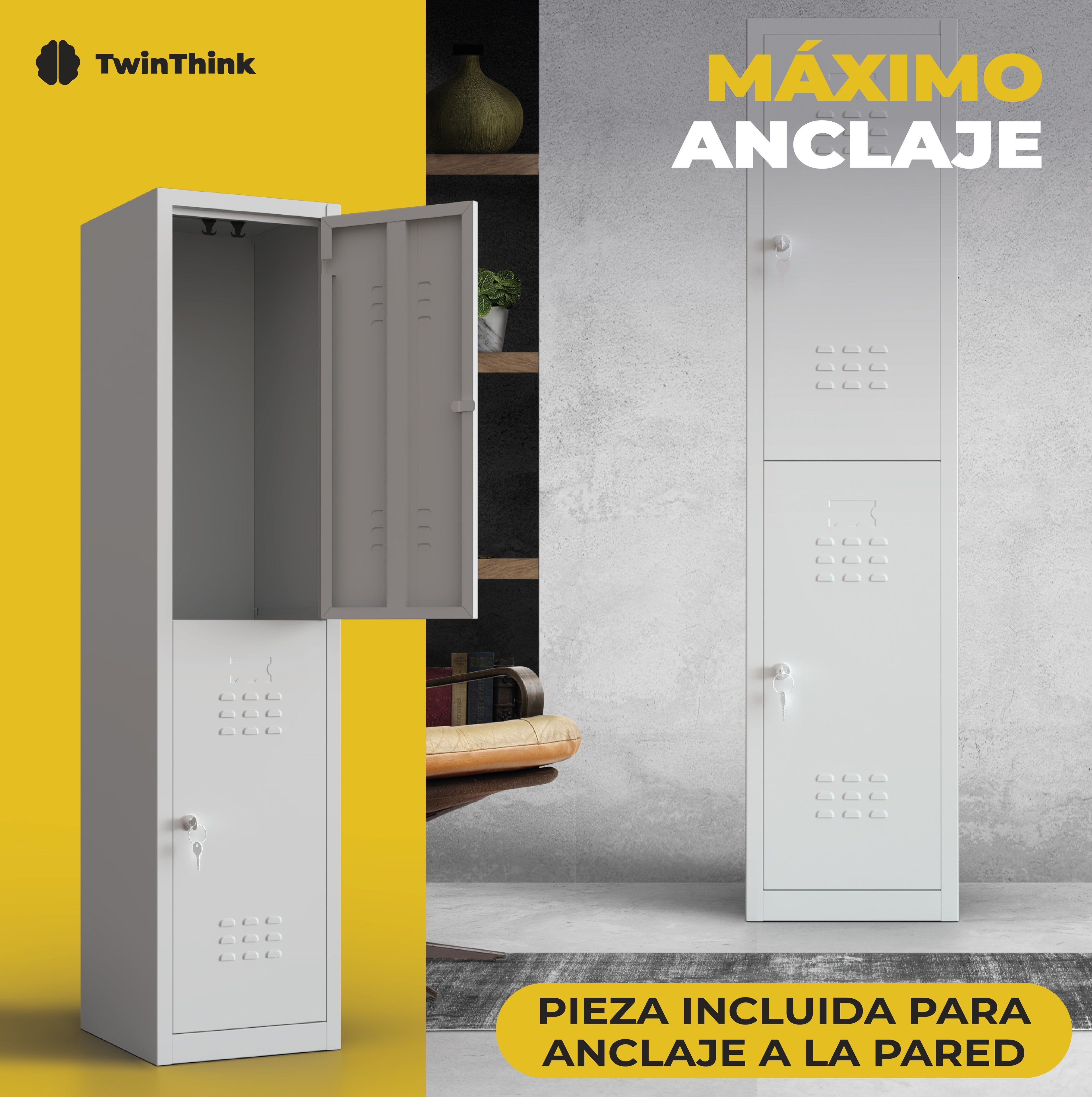 Taquilla metálica negra de 2 puertas TwinThink con pieza incluida para máximo anclaje a la pared.
